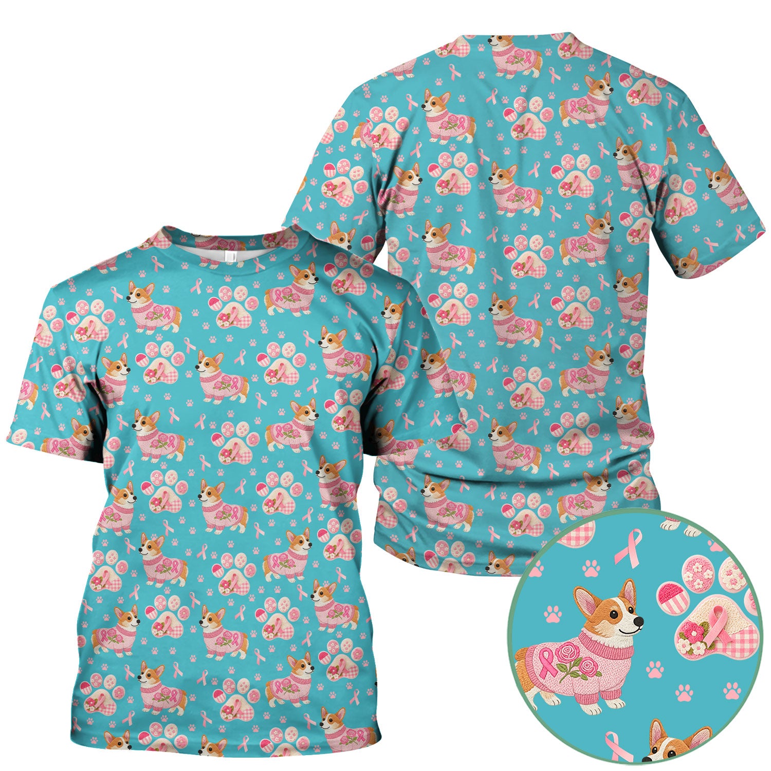 Floral Corgi Scrub Top for Women - Cute Dog Paw Print with Pink Ribbon Shirt - Breast Cancer Awareness October Gift