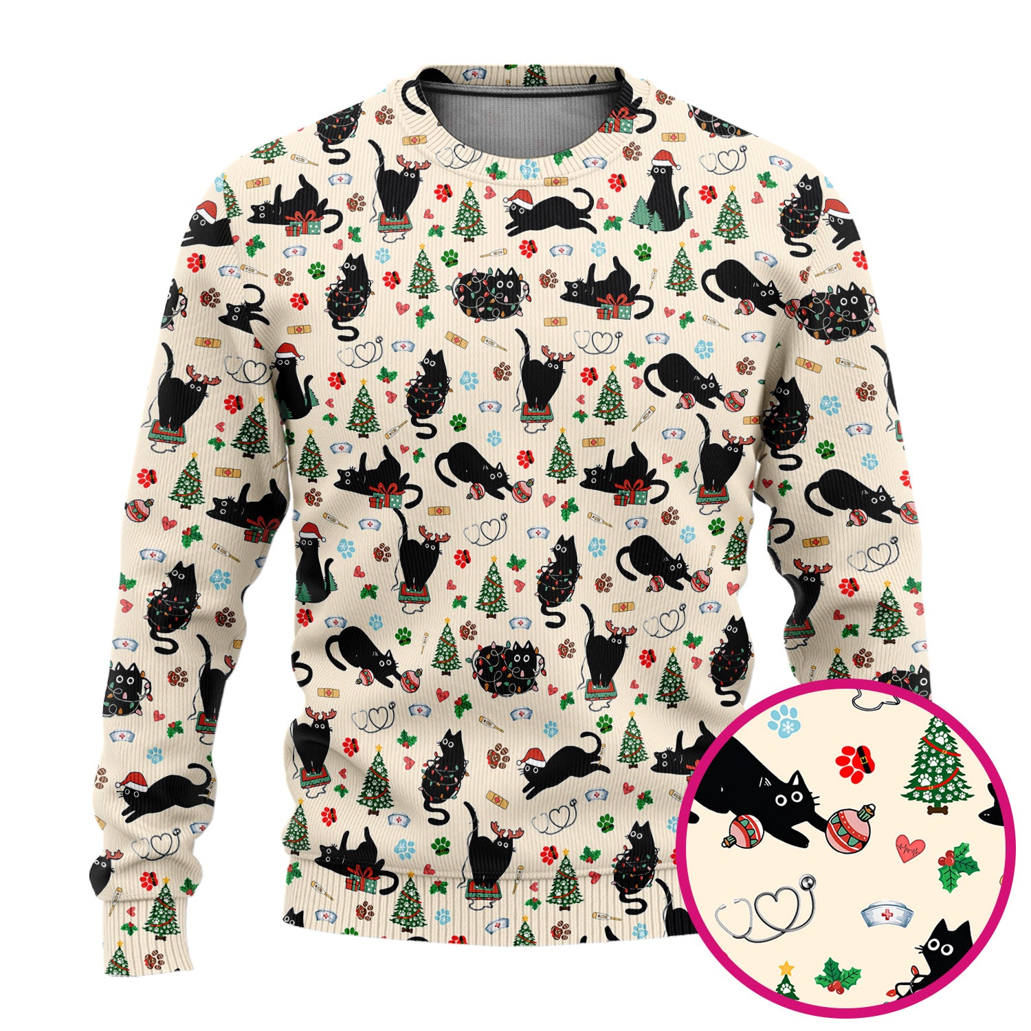 Black Cat Christmas Nurse Scrub Set, Festive Kitty Medical Uniform for Women