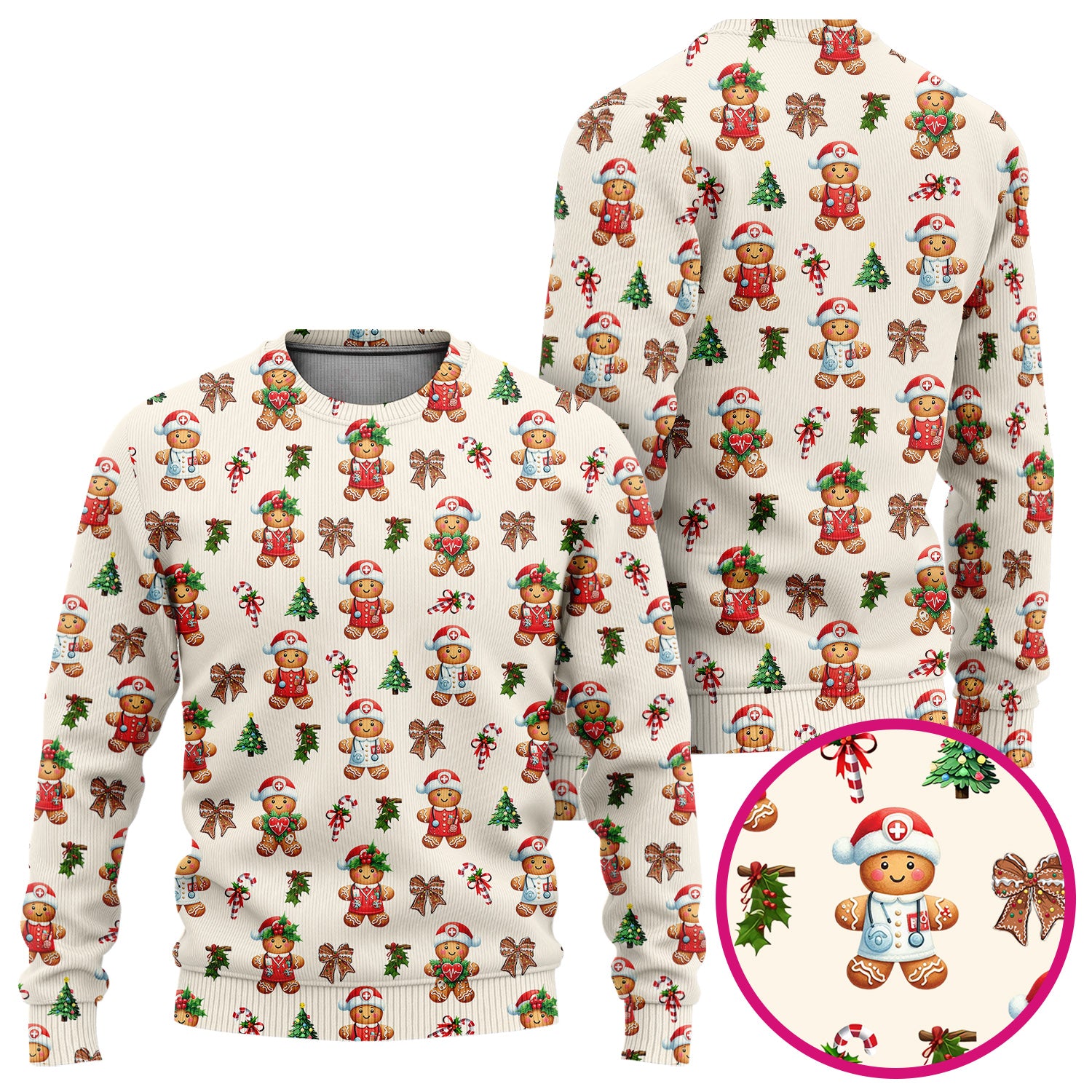 Funny Gingerbread Christmas Scrub Set - Cute Cookie with Bow Scrubs Pants and V Neck Top - Festive Holiday Gift for Women