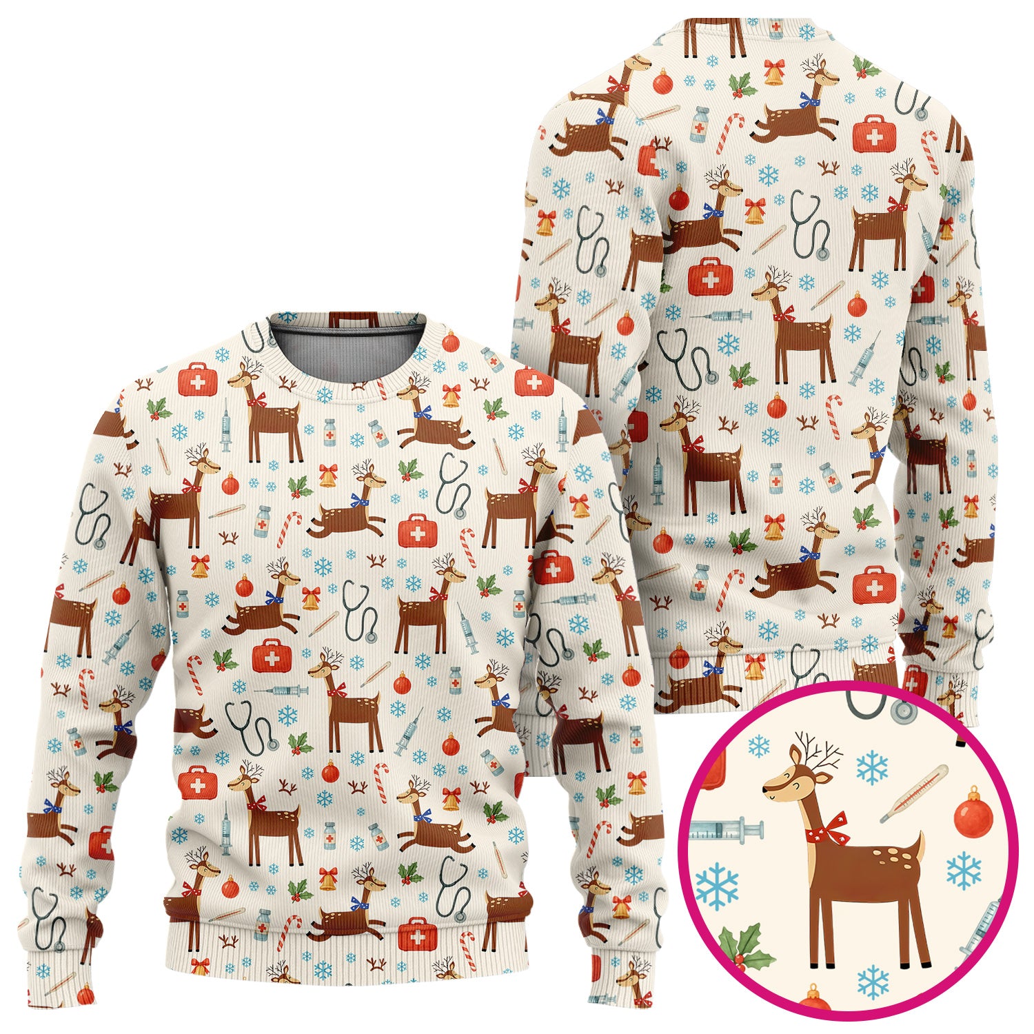 Reindeer Christmas Scrub Set - Snowflakes Candy Canes Holiday Scrubs Pants and V Neck Top - Xmas Gift for Women RN CNA LPN