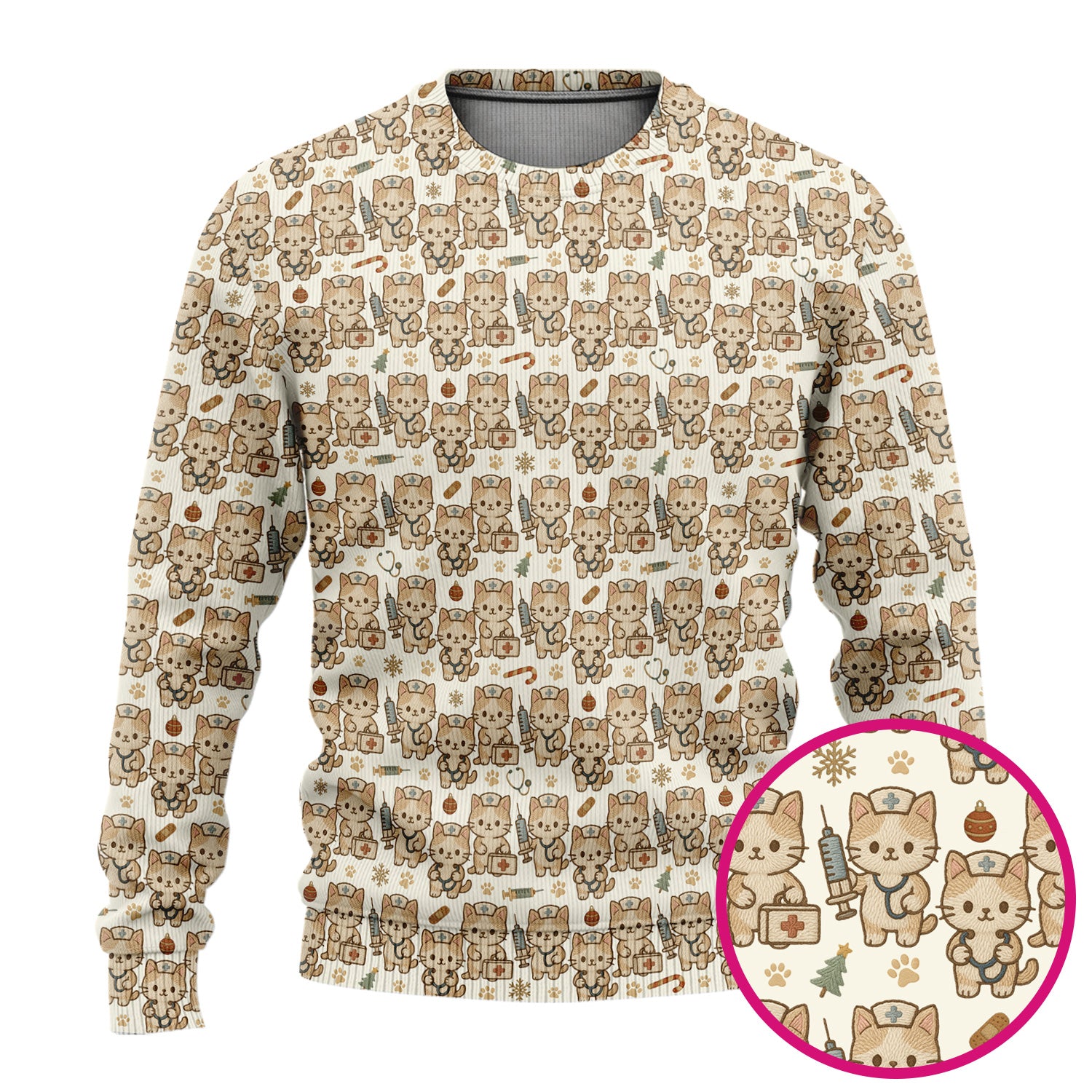 Cute Cat Nurse Christmas Scrub Set, Kawaii Kitty Medical Pattern Shirt, Breathable Fabrics Nursing Uniform