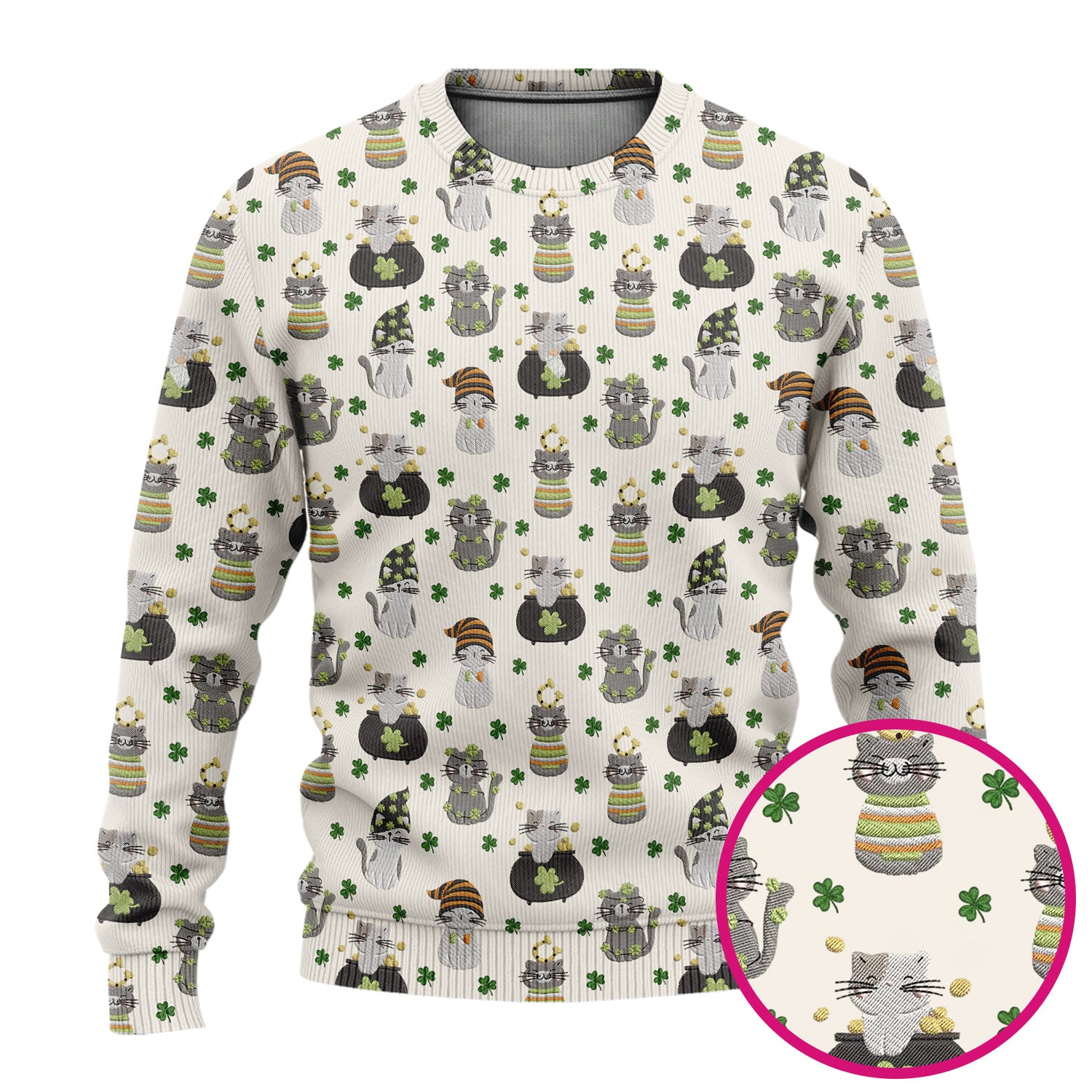 St. Patrick’s Day Scrub Set, Lucky Cat With Shamrock Pattern Shirt, Breathable Fabrics Nursing Uniform