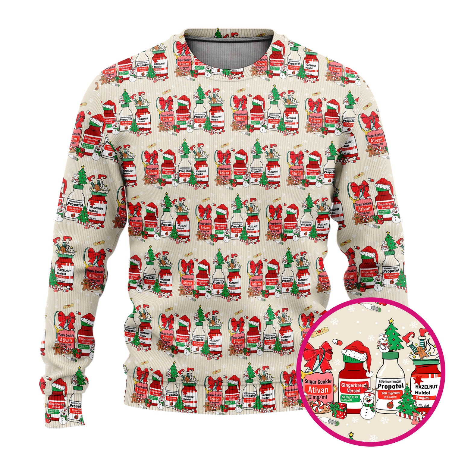 Funny Christmas Medication Scrub Set – Festive Holiday Pharma Bottles Pattern – Playful Medical Uniform for Nurses, Pharmacists & Healthcare Workers