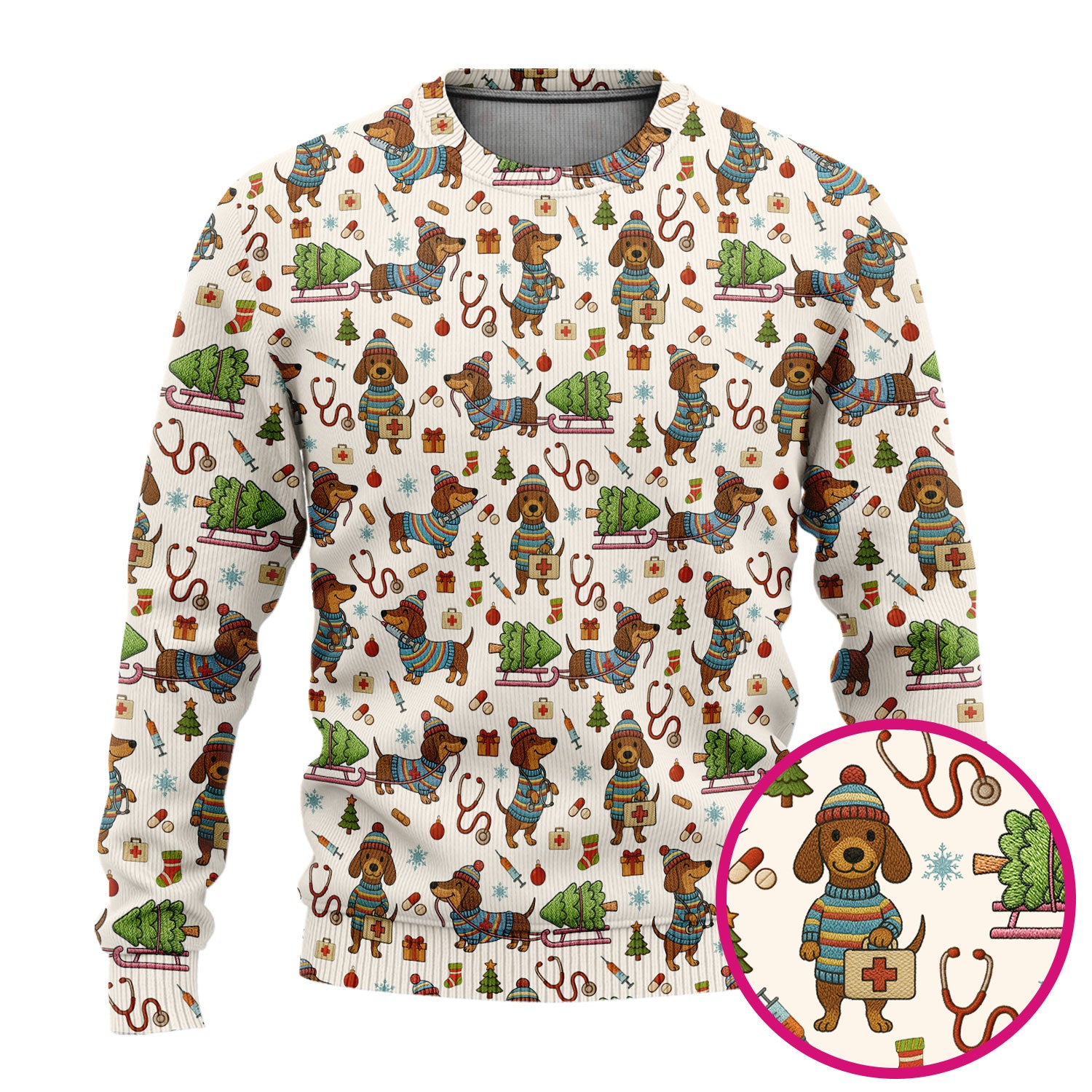 Dachshund Dog Scrub Set For Nurse, Funny Wiener Dog Lover Gift, Cute Dog 3D Knit Pattern Shirt