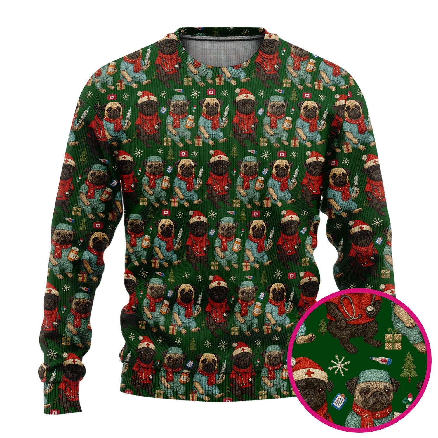 Christmas Pug Nurse Scrub Set, Cute Holiday Dog Medical Uniform Shirt For Nursing