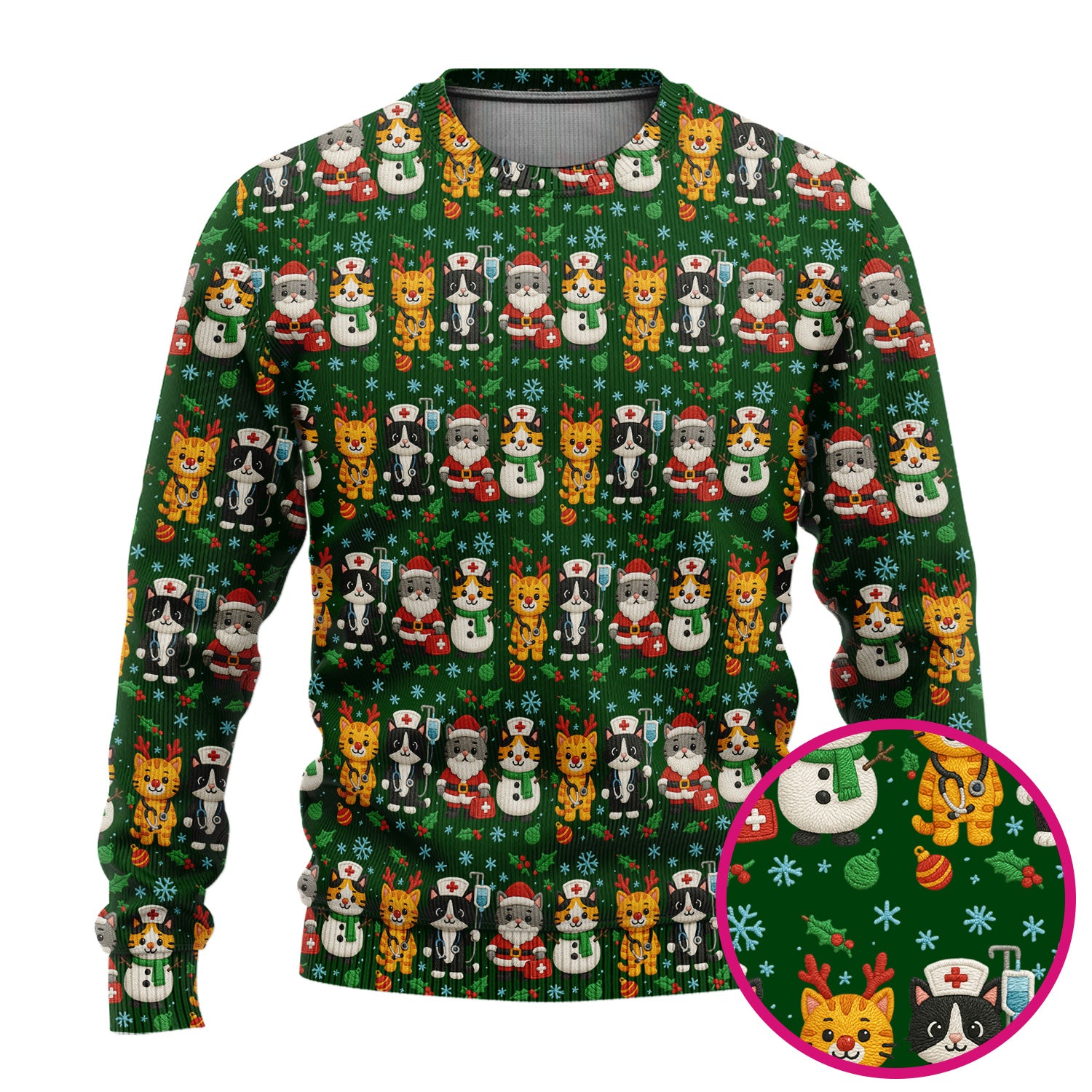 Christmas Cat Nurse Pattern Scrub Set, Cute Holiday Kitty Medical Uniform Shirt For Nursing