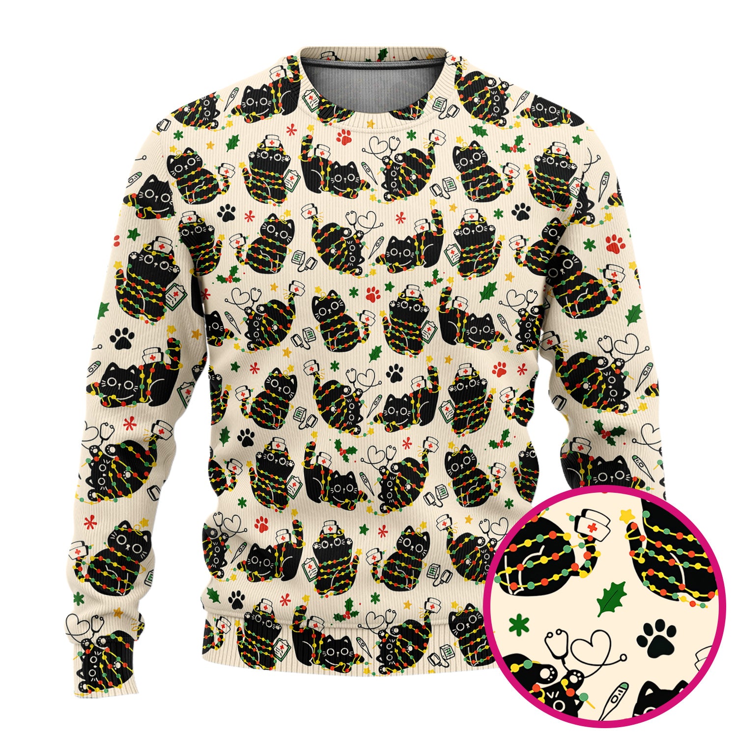 Black Cat Christmas Scrub Set – Nurse & Holiday Lights Pattern Shirt – Cute Medical Uniform For Nursing