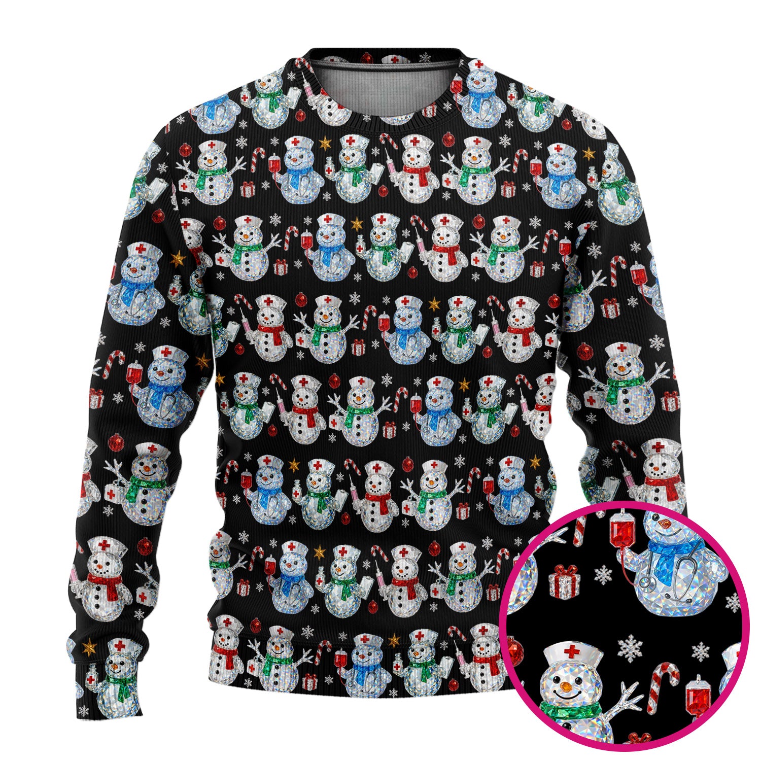 Nurse Snowman Christmas Scrub Set, Cute Holiday Medical Pattern Shirt For Women, Winter Snowflake Nursing Uniform