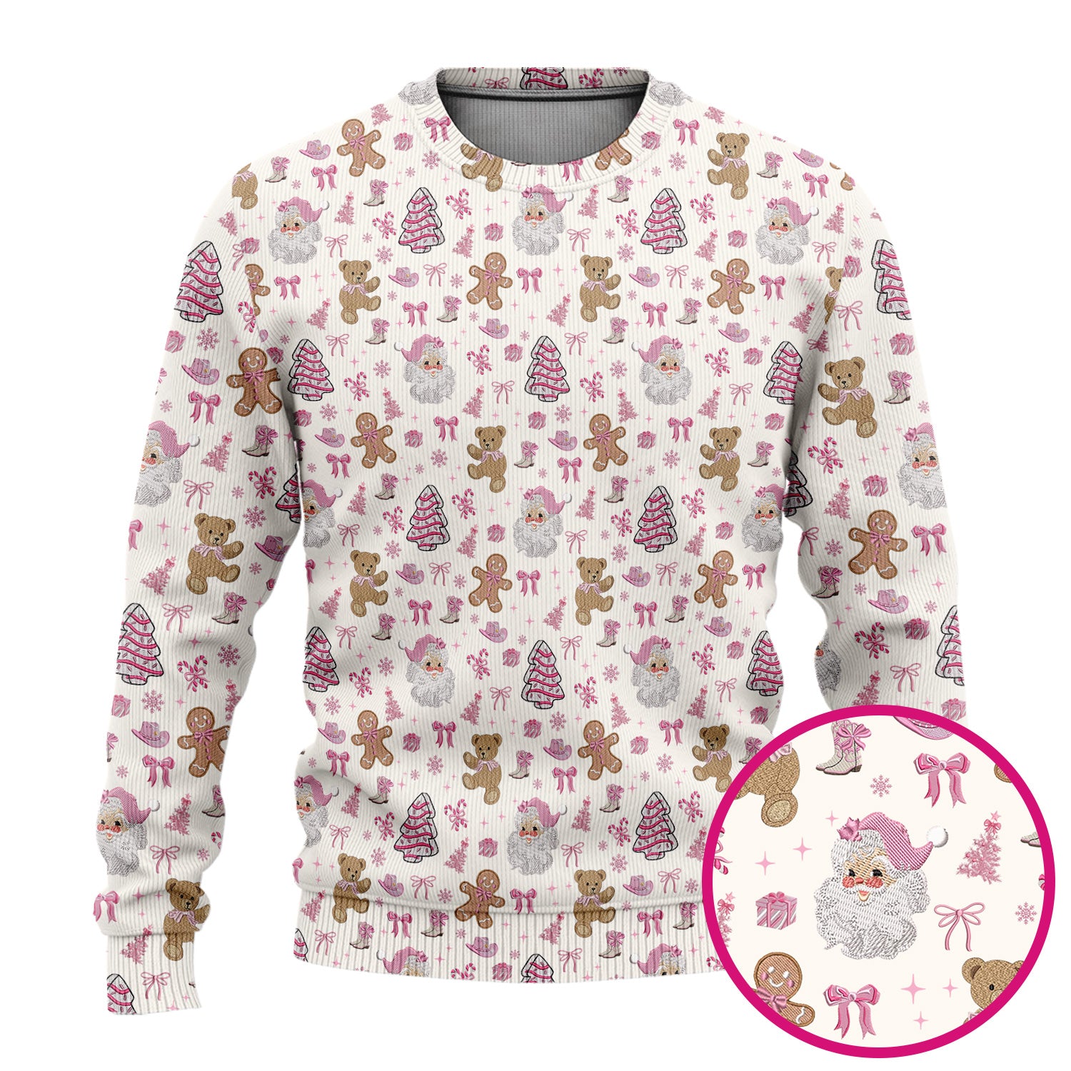 Pink Christmas Santa Gingerbread Scrub Set, Cute Holiday Medical Pattern Shirt, Breathable Fabrics Nursing Uniform