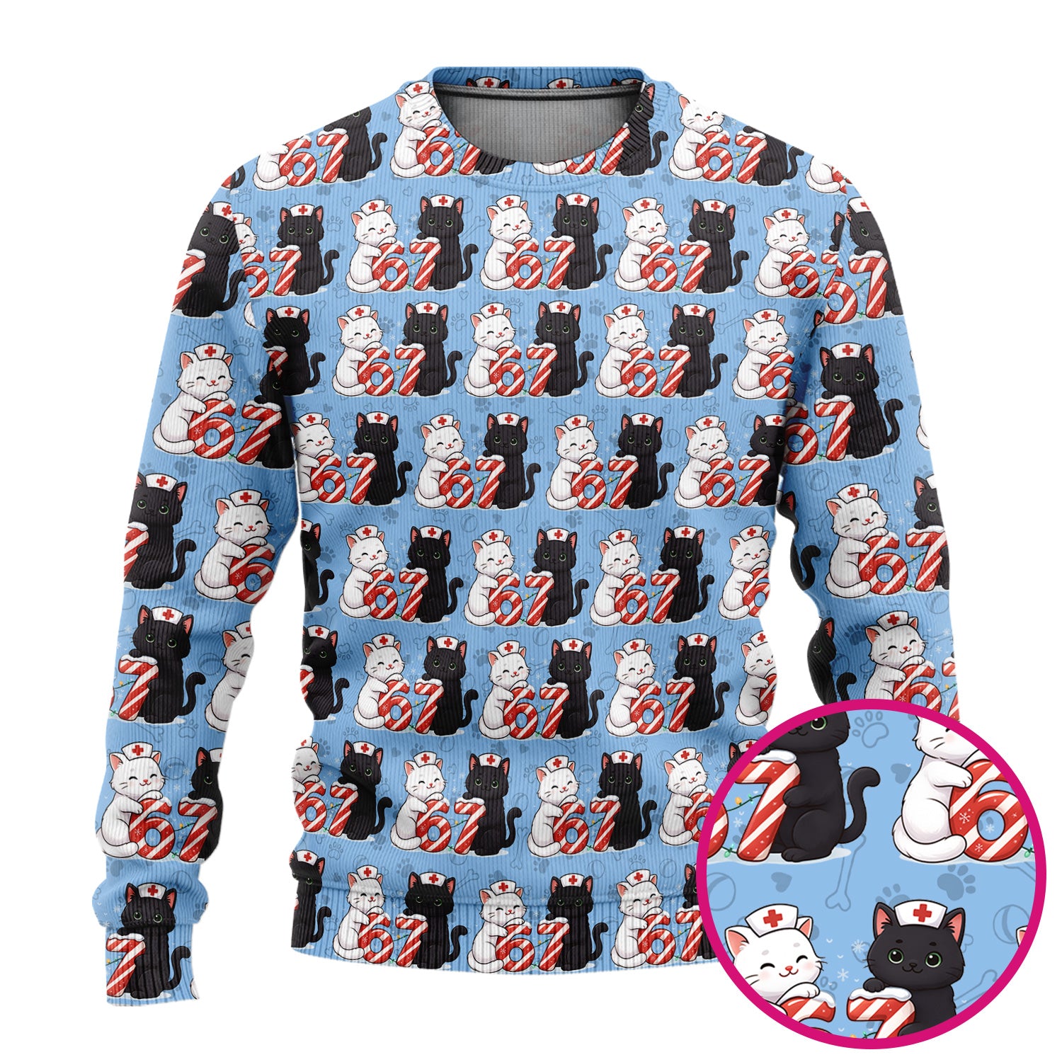 Xmas Cat Pattern Scrub Set, Christmas Nurse Six Seven With Cat Scrub Shirt, Breathable Fabrics Nursing Uniform