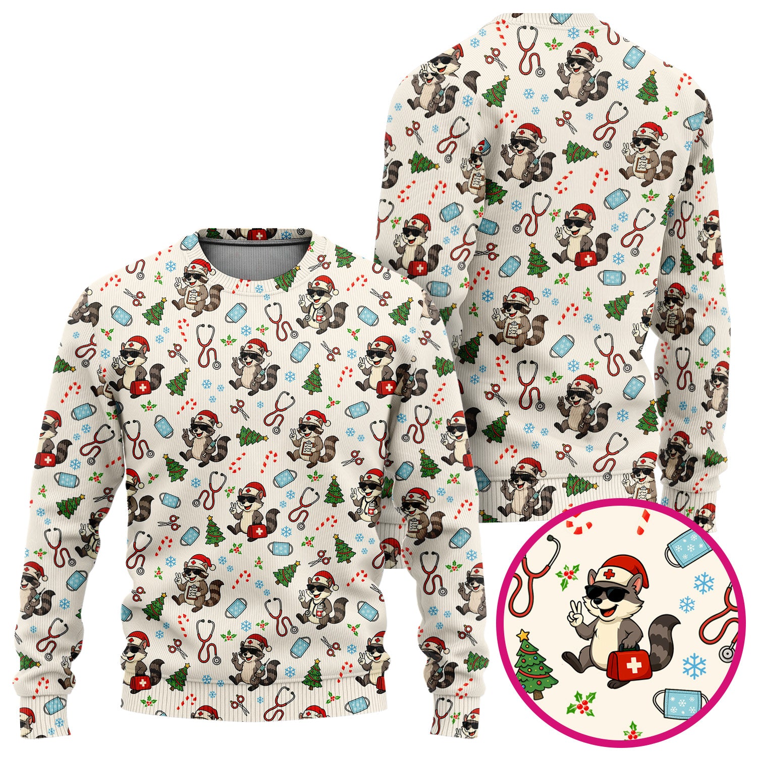 Funny Christmas Nurse Scrub Set - Raccoon Pattern with Santa Hat, Stethoscope and Tree - Cute Holiday Medical Scrubs Pants and Top Gift for RN CNA LPN