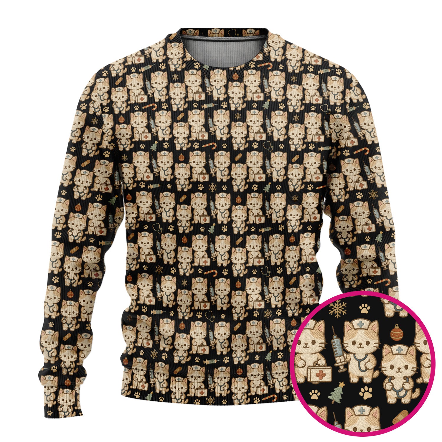 Cute Cat Nurse Christmas Scrub Set, Kawaii Kitty Medical Pattern Shirt, Breathable Fabrics Nursing Uniform