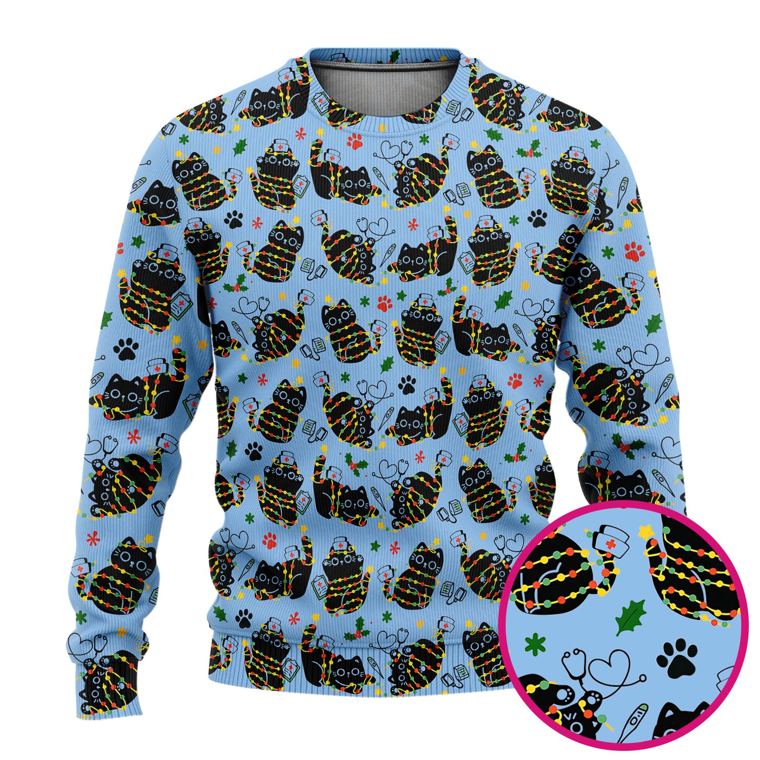 Black Cat Christmas Scrub Set – Nurse & Holiday Lights Pattern Shirt – Cute Medical Uniform For Nursing