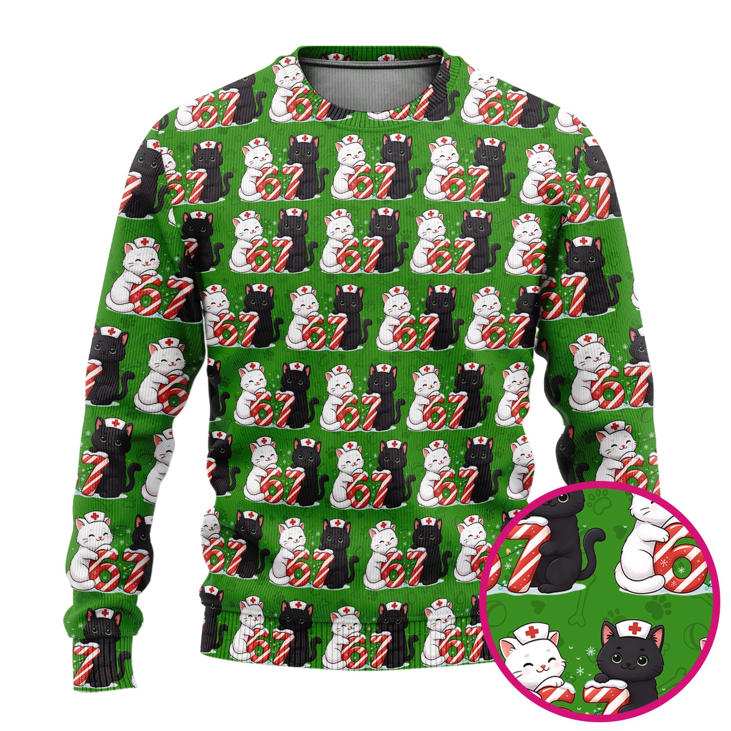 Xmas Cat Pattern Scrub Set, Christmas Nurse Six Seven With Cat Scrub Shirt, Breathable Fabrics Nursing Uniform