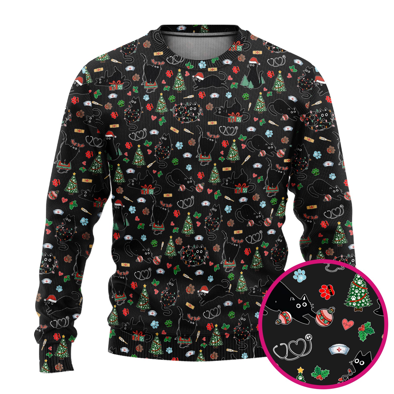 Black Cat Christmas Nurse Scrub Set, Festive Kitty Medical Uniform for Women