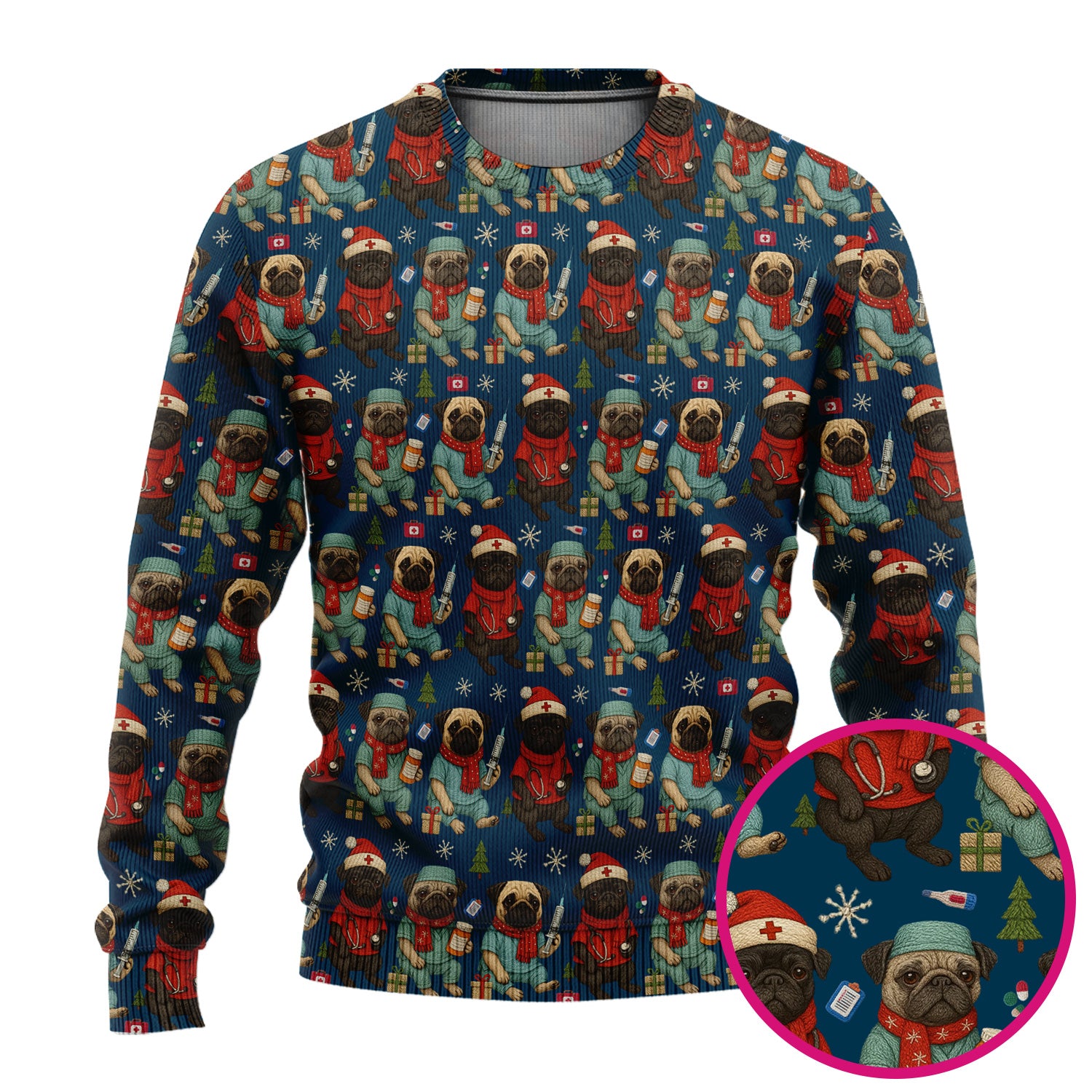 Christmas Pug Nurse Scrub Set, Cute Holiday Dog Medical Uniform Shirt For Nursing