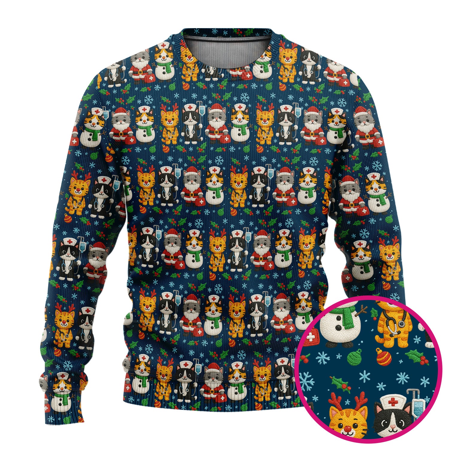 Christmas Cat Nurse Pattern Scrub Set, Cute Holiday Kitty Medical Uniform Shirt For Nursing