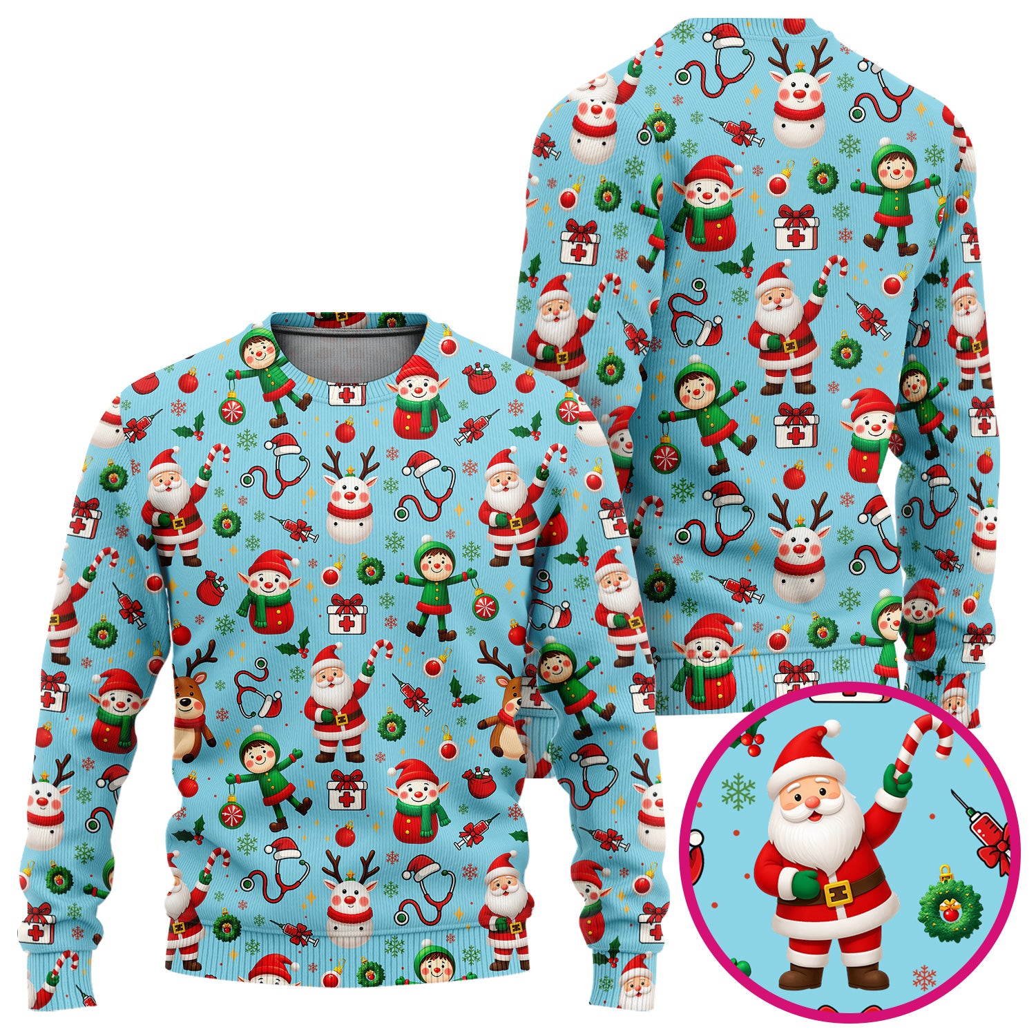 Santa Christmas Scrub Set - Cute Reindeer Scrubs Pants and V Neck Top - Festive Holiday Med Uniform for Women