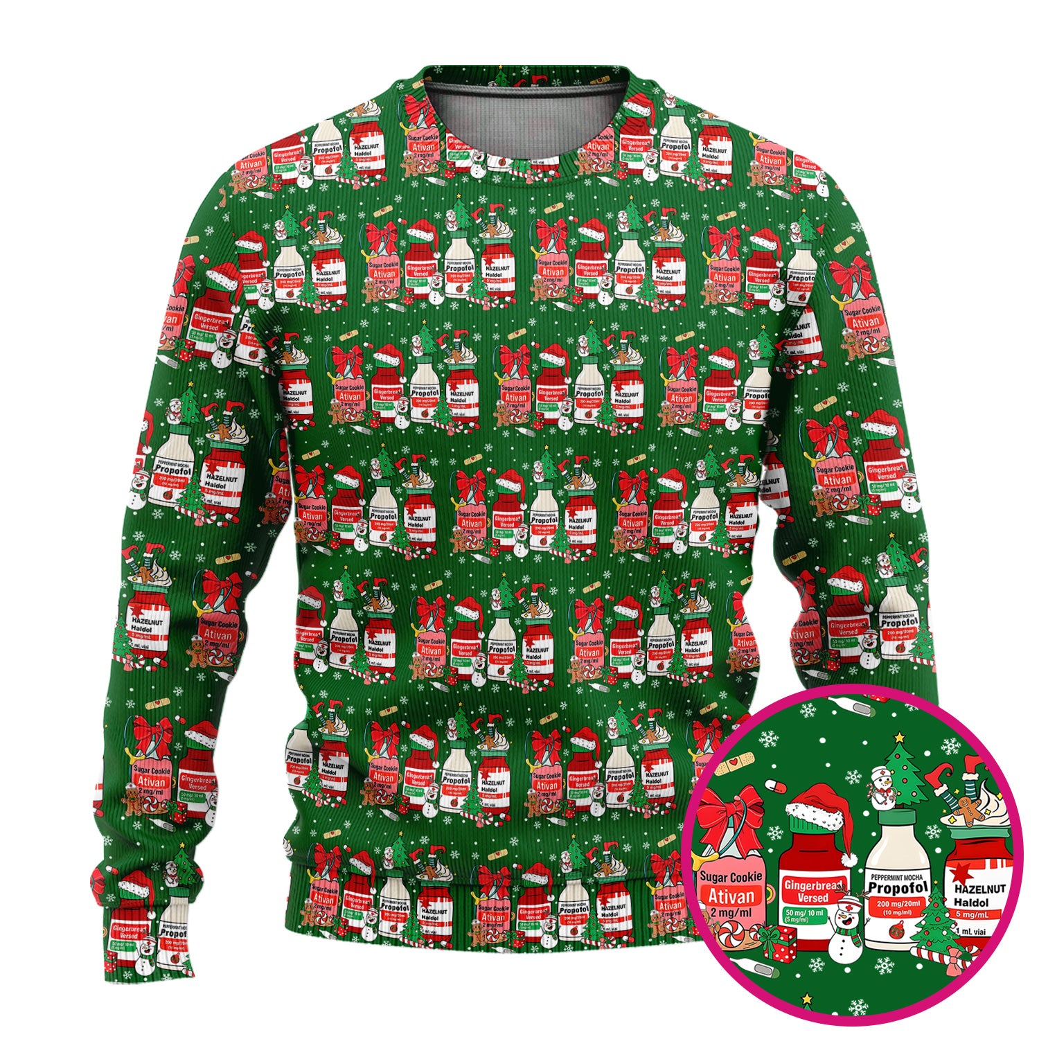 Funny Christmas Medication Scrub Set – Festive Holiday Pharma Bottles Pattern – Playful Medical Uniform for Nurses, Pharmacists & Healthcare Workers