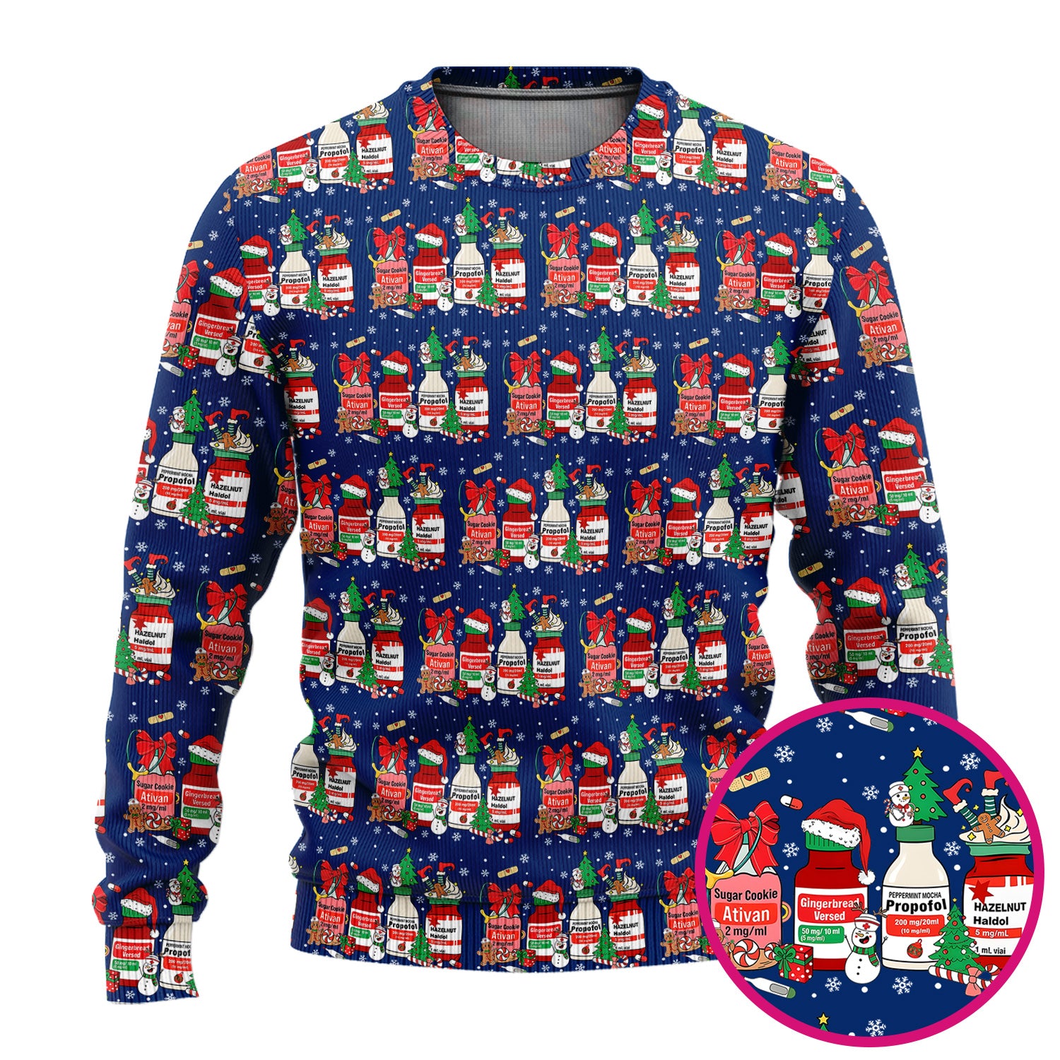 Funny Christmas Medication Scrub Set – Festive Holiday Pharma Bottles Pattern – Playful Medical Uniform for Nurses, Pharmacists & Healthcare Workers