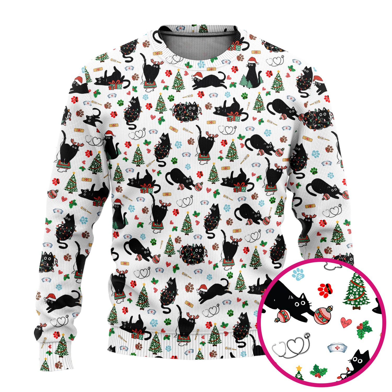 Black Cat Christmas Nurse Scrub Set, Festive Kitty Medical Uniform for Women