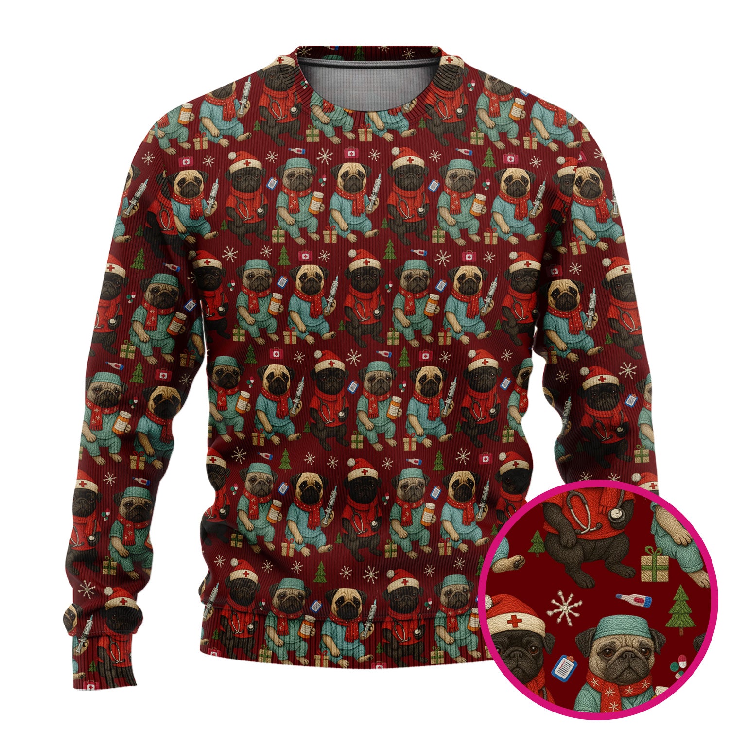 Christmas Pug Nurse Scrub Set, Cute Holiday Dog Medical Uniform Shirt For Nursing