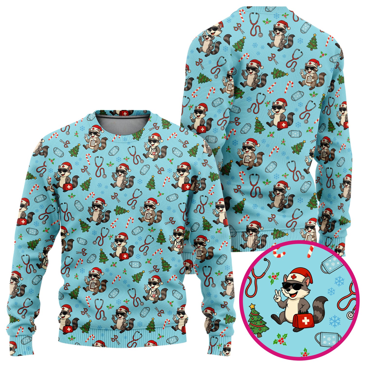 Funny Christmas Nurse Scrub Set - Raccoon Pattern with Santa Hat, Stethoscope and Tree - Cute Holiday Medical Scrubs Pants and Top Gift for RN CNA LPN