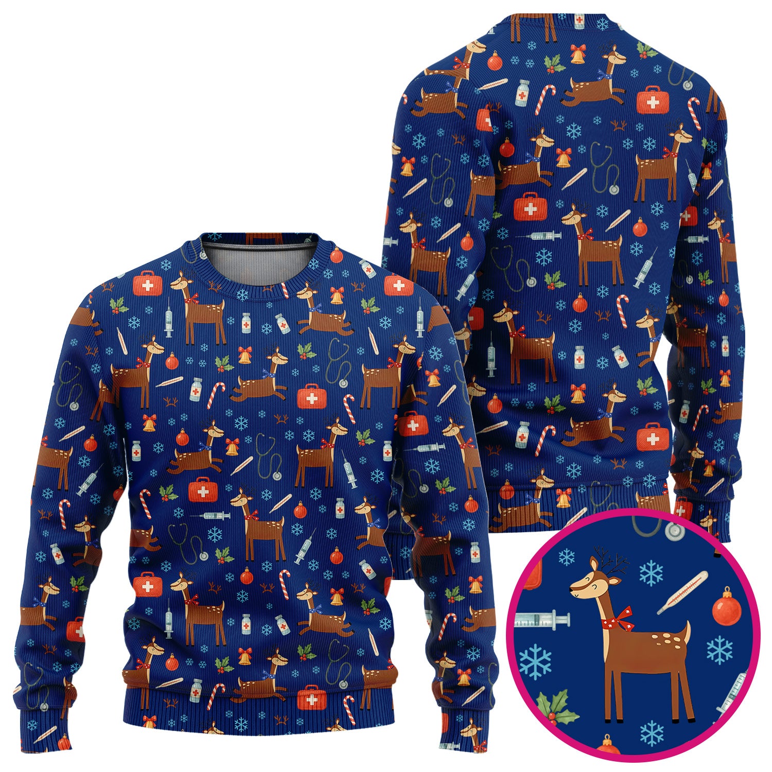 Christmas Reindeer Scrub Set for Nurses - Cute Reindeers Snowflakes Candy Canes - Comfortable Med Uniform