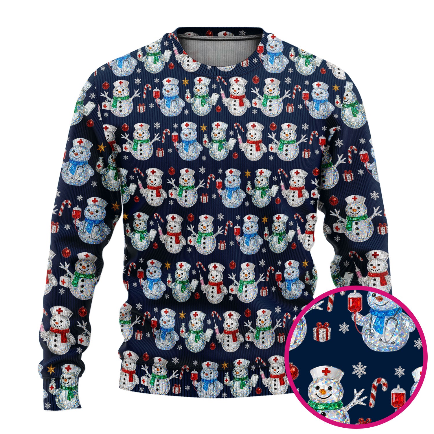 Nurse Snowman Christmas Scrub Set, Cute Holiday Medical Pattern Shirt For Women, Winter Snowflake Nursing Uniform