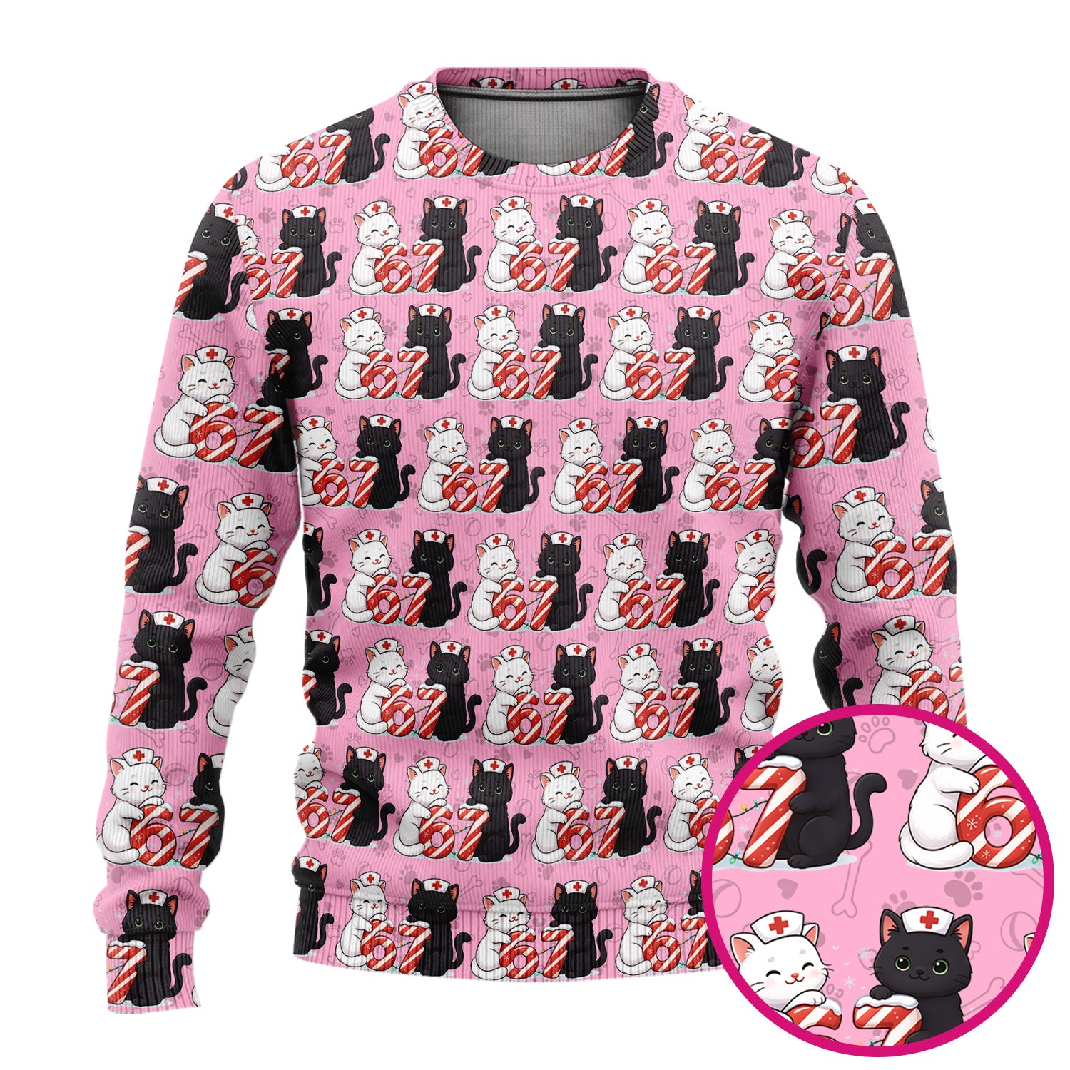 Xmas Cat Pattern Scrub Set, Christmas Nurse Six Seven With Cat Scrub Shirt, Breathable Fabrics Nursing Uniform