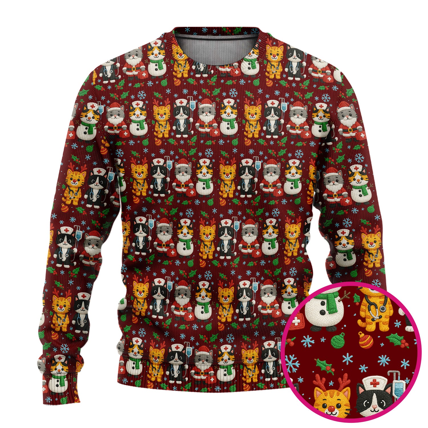 Christmas Cat Nurse Pattern Scrub Set, Cute Holiday Kitty Medical Uniform Shirt For Nursing