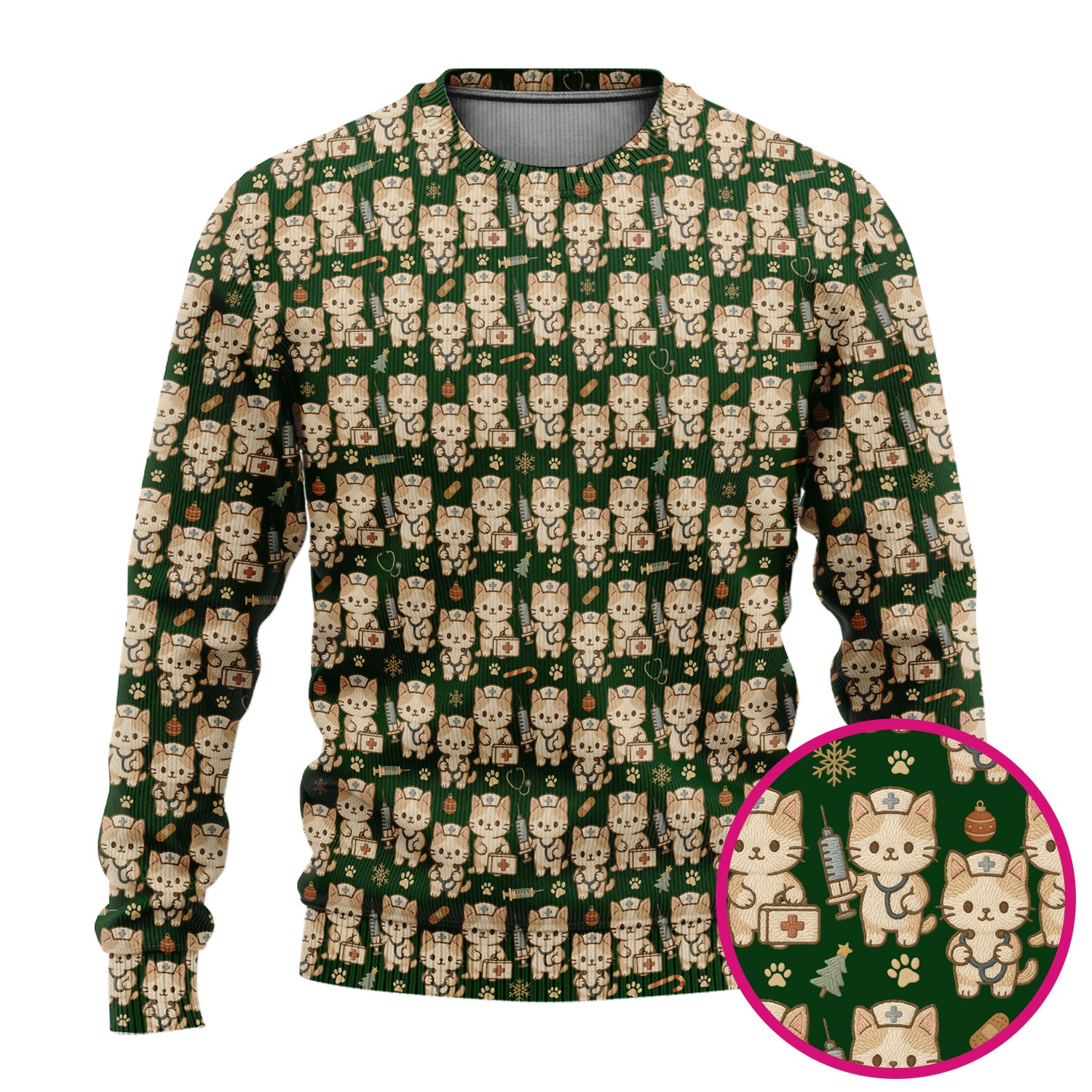 Cute Cat Nurse Christmas Scrub Set, Kawaii Kitty Medical Pattern Shirt, Breathable Fabrics Nursing Uniform
