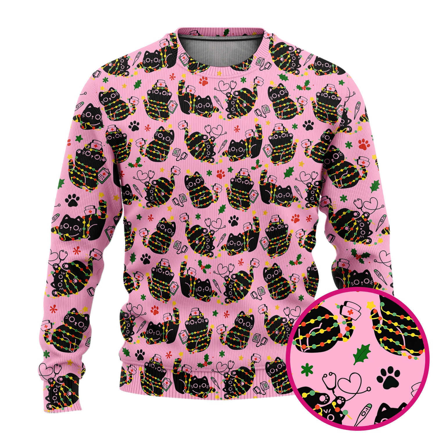Black Cat Christmas Scrub Set – Nurse & Holiday Lights Pattern Shirt – Cute Medical Uniform For Nursing