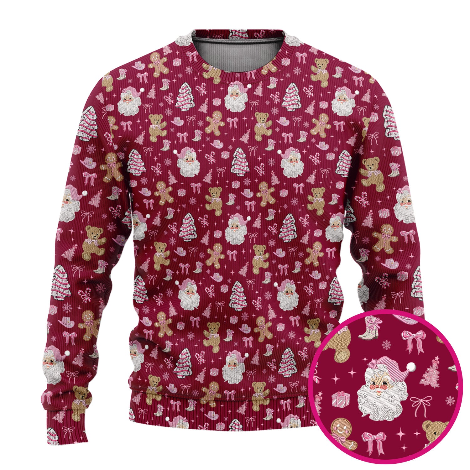 Pink Christmas Santa Gingerbread Scrub Set, Cute Holiday Medical Pattern Shirt, Breathable Fabrics Nursing Uniform