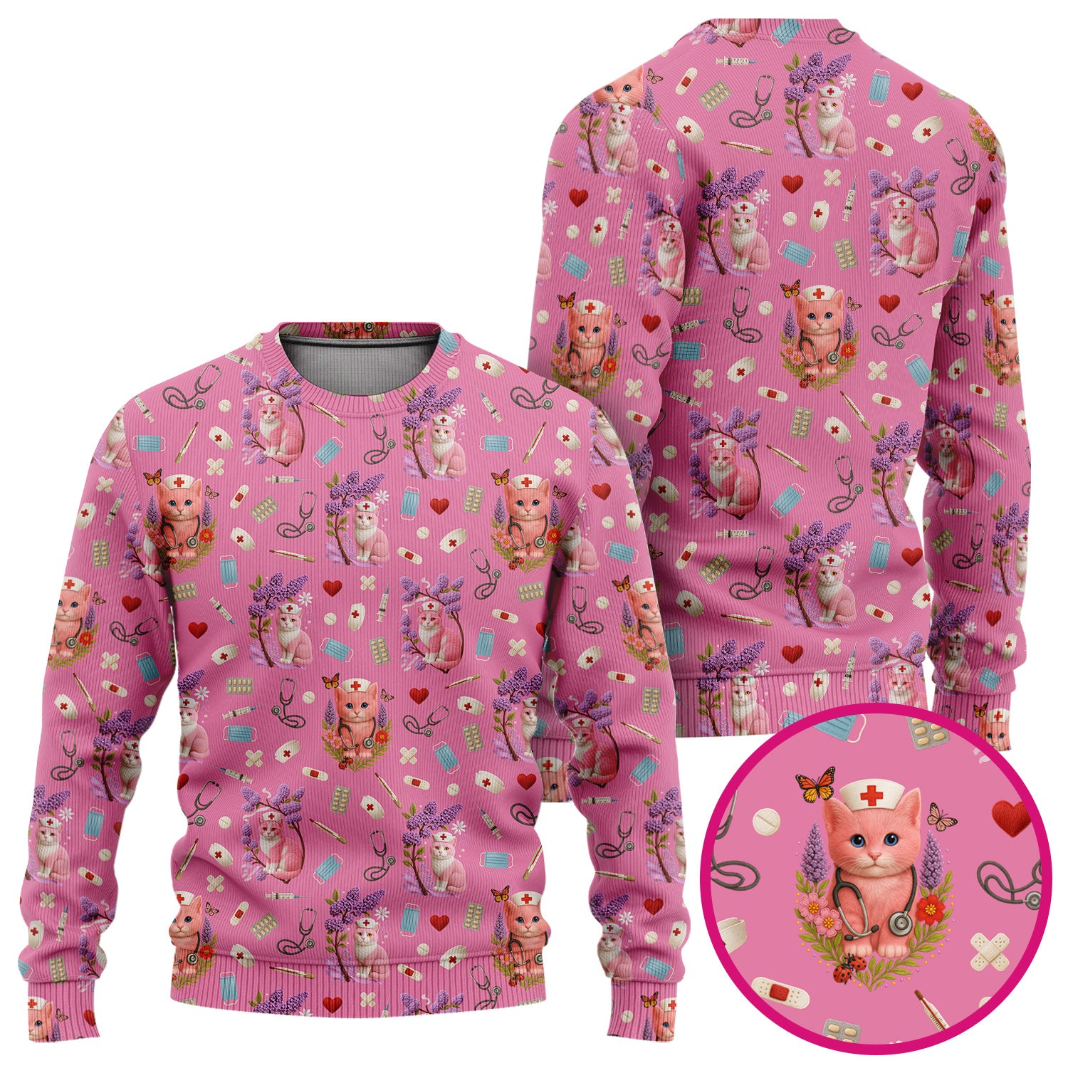 Cute Cat Pattern Nurse Scrub Set - Pink Medical Scrubs for Women - Adorable Kitty Print Gift for RN LPN CNA Healthcare Staff