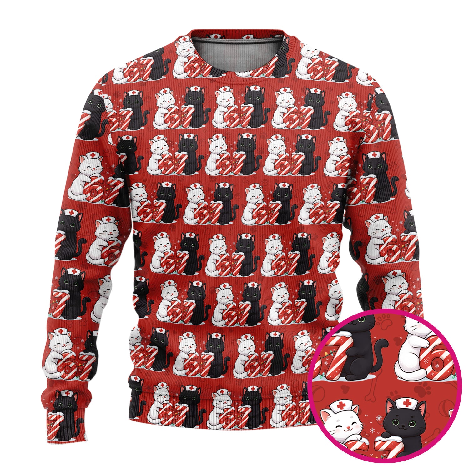 Xmas Cat Pattern Scrub Set, Christmas Nurse Six Seven With Cat Scrub Shirt, Breathable Fabrics Nursing Uniform
