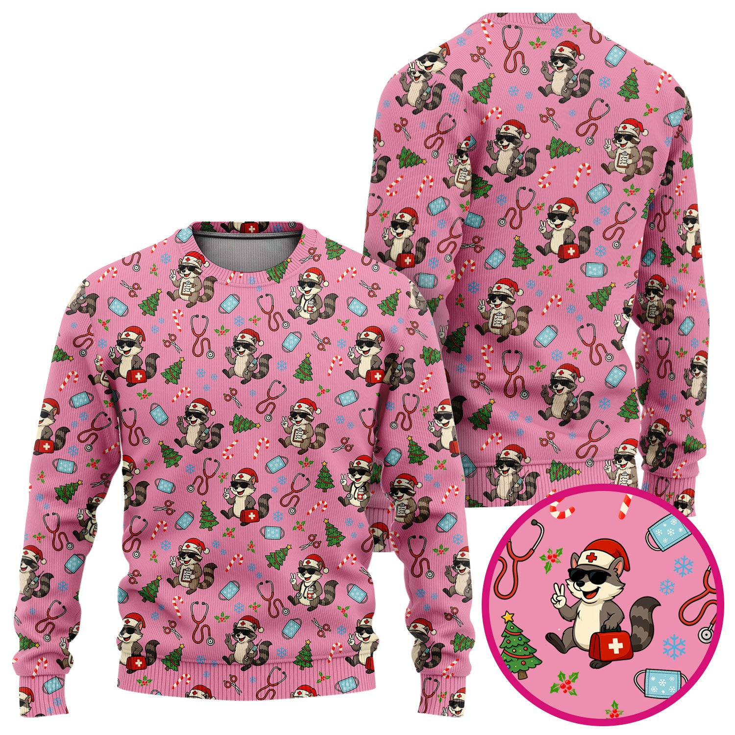 Funny Christmas Nurse Scrub Set - Raccoon Pattern with Santa Hat, Stethoscope and Tree - Cute Holiday Medical Scrubs Pants and Top Gift for RN CNA LPN