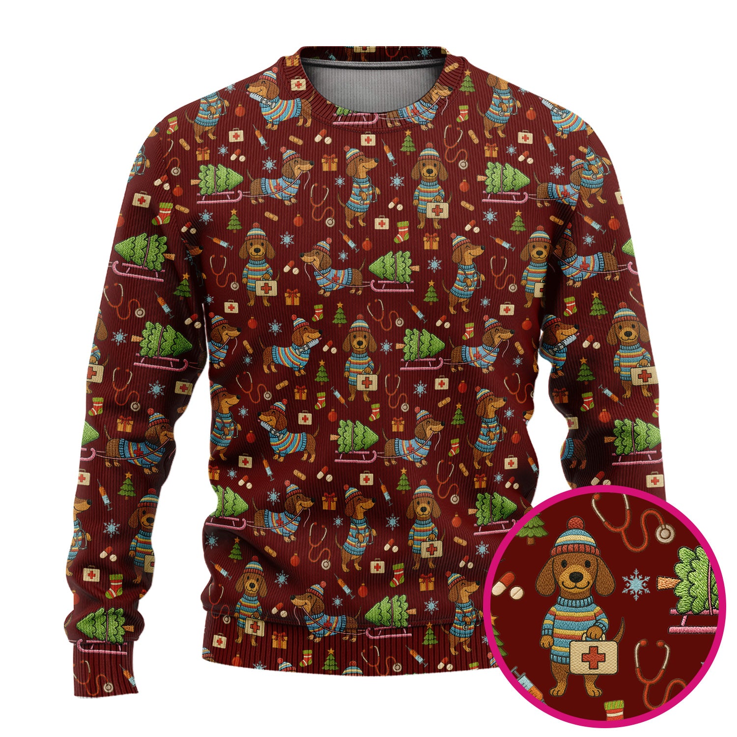 Dachshund Dog Scrub Set For Nurse, Funny Wiener Dog Lover Gift, Cute Dog 3D Knit Pattern Shirt