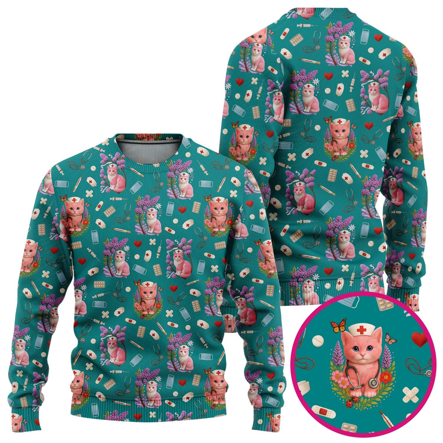 Cute Cat Pattern Nurse Scrub Set - Pink Medical Scrubs for Women - Adorable Kitty Print Gift for RN LPN CNA Healthcare Staff