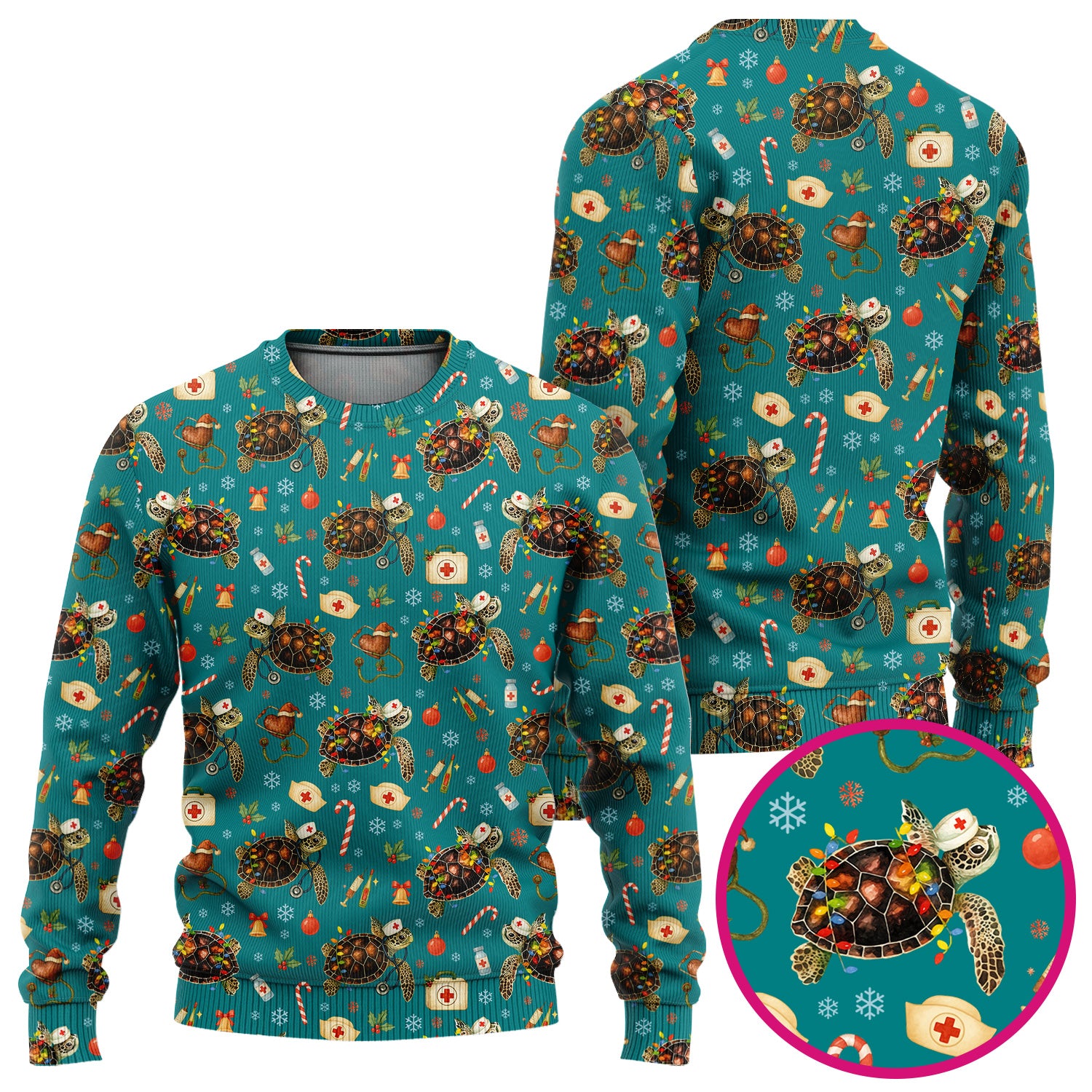 Funny Christmas Scrub Set - Sea Turtle with Xmas Lights Scrubs Pants and V Neck Top - Holiday Nurse Med Uniform for Women