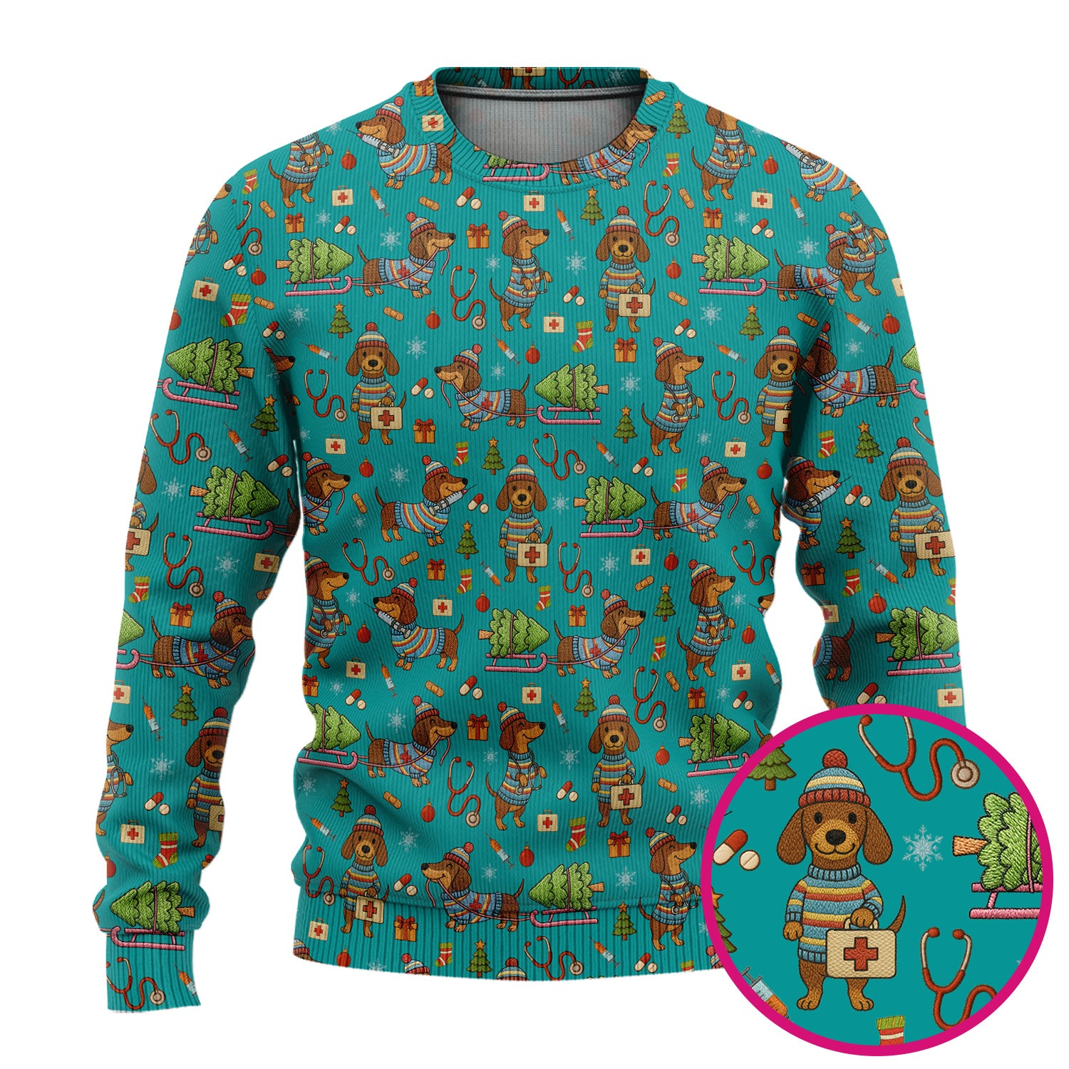 Dachshund Dog Scrub Set For Nurse, Funny Wiener Dog Lover Gift, Cute Dog 3D Knit Pattern Shirt
