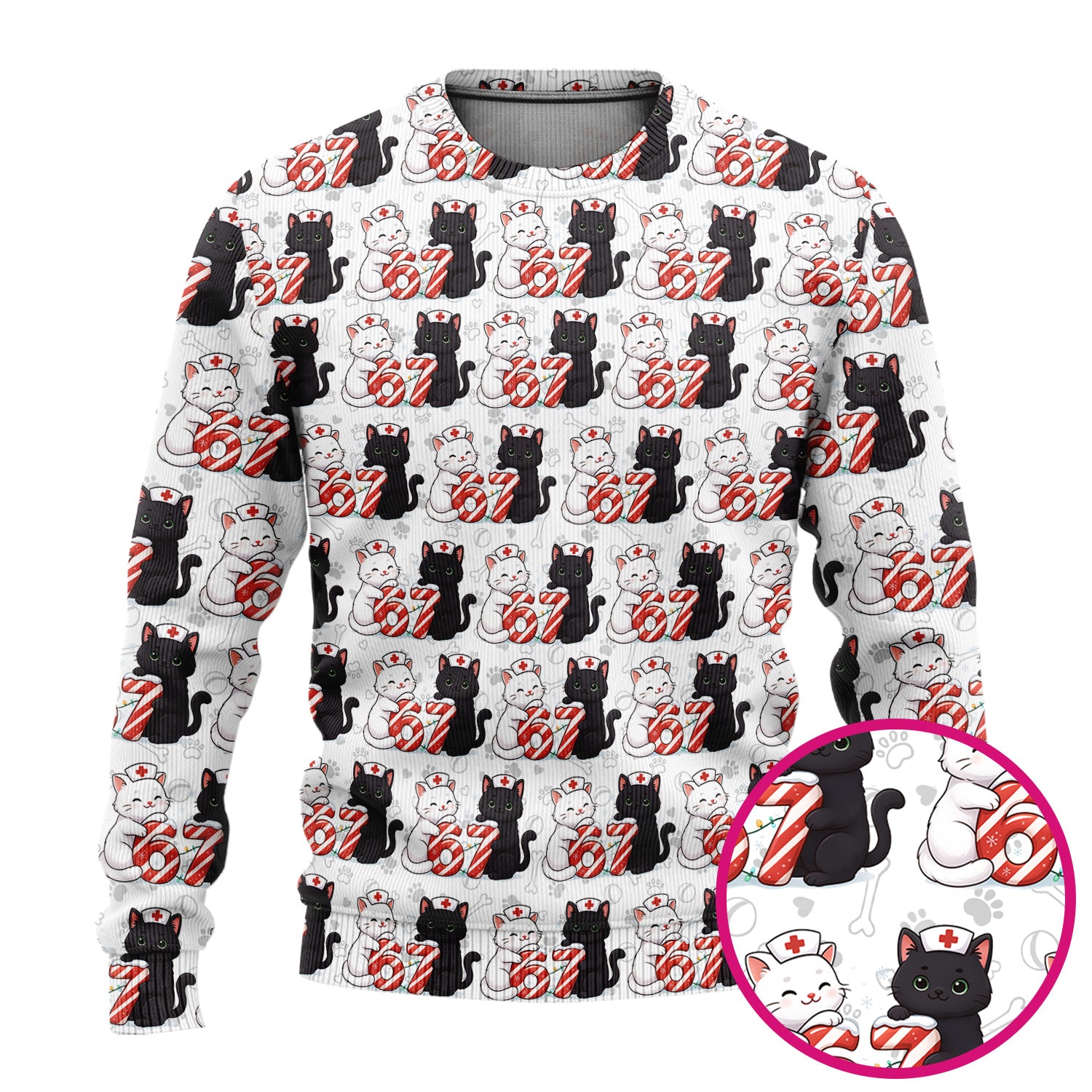 Xmas Cat Pattern Scrub Set, Christmas Nurse Six Seven With Cat Scrub Shirt, Breathable Fabrics Nursing Uniform