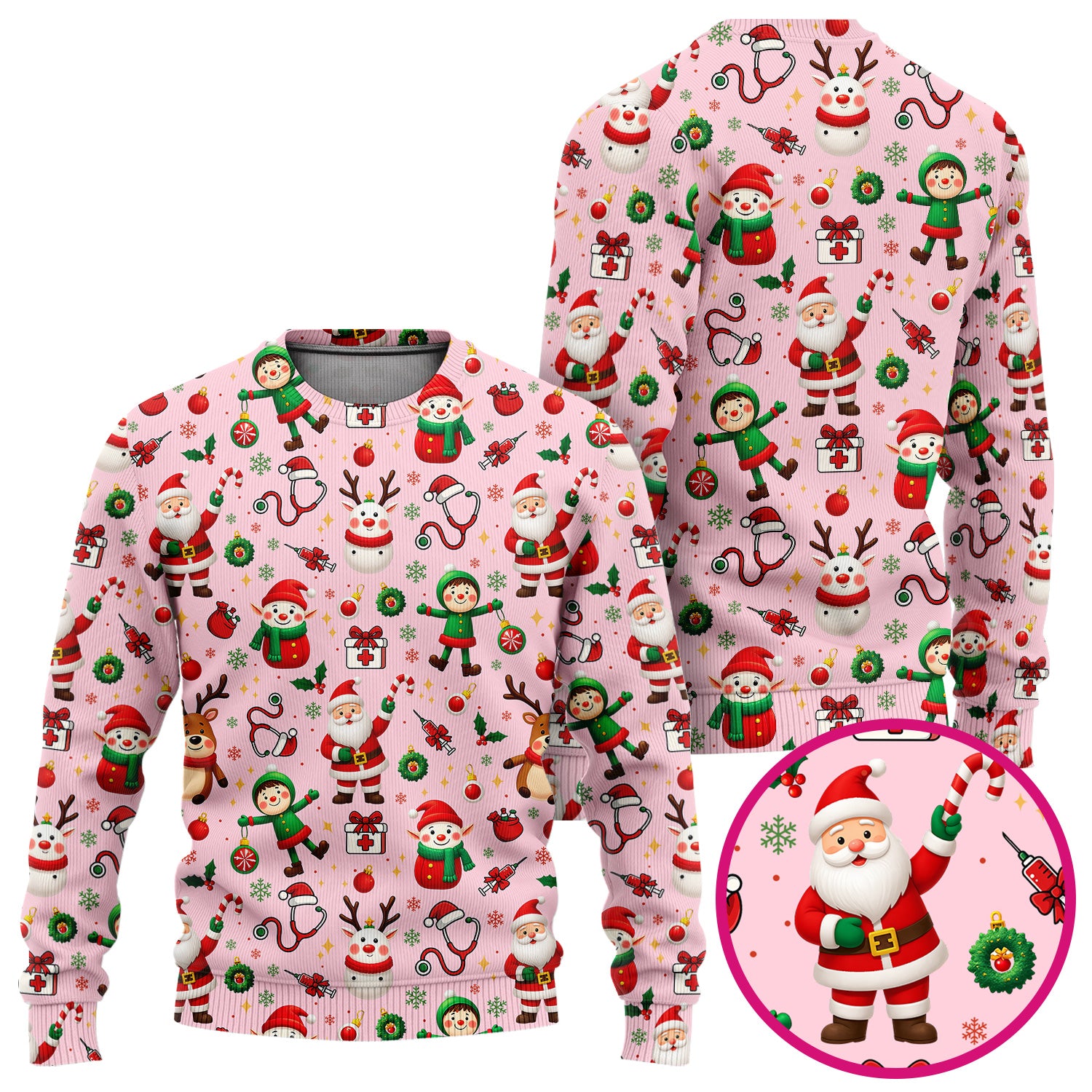 Santa Christmas Scrub Set - Cute Reindeer Scrubs Pants and V Neck Top - Festive Holiday Med Uniform for Women