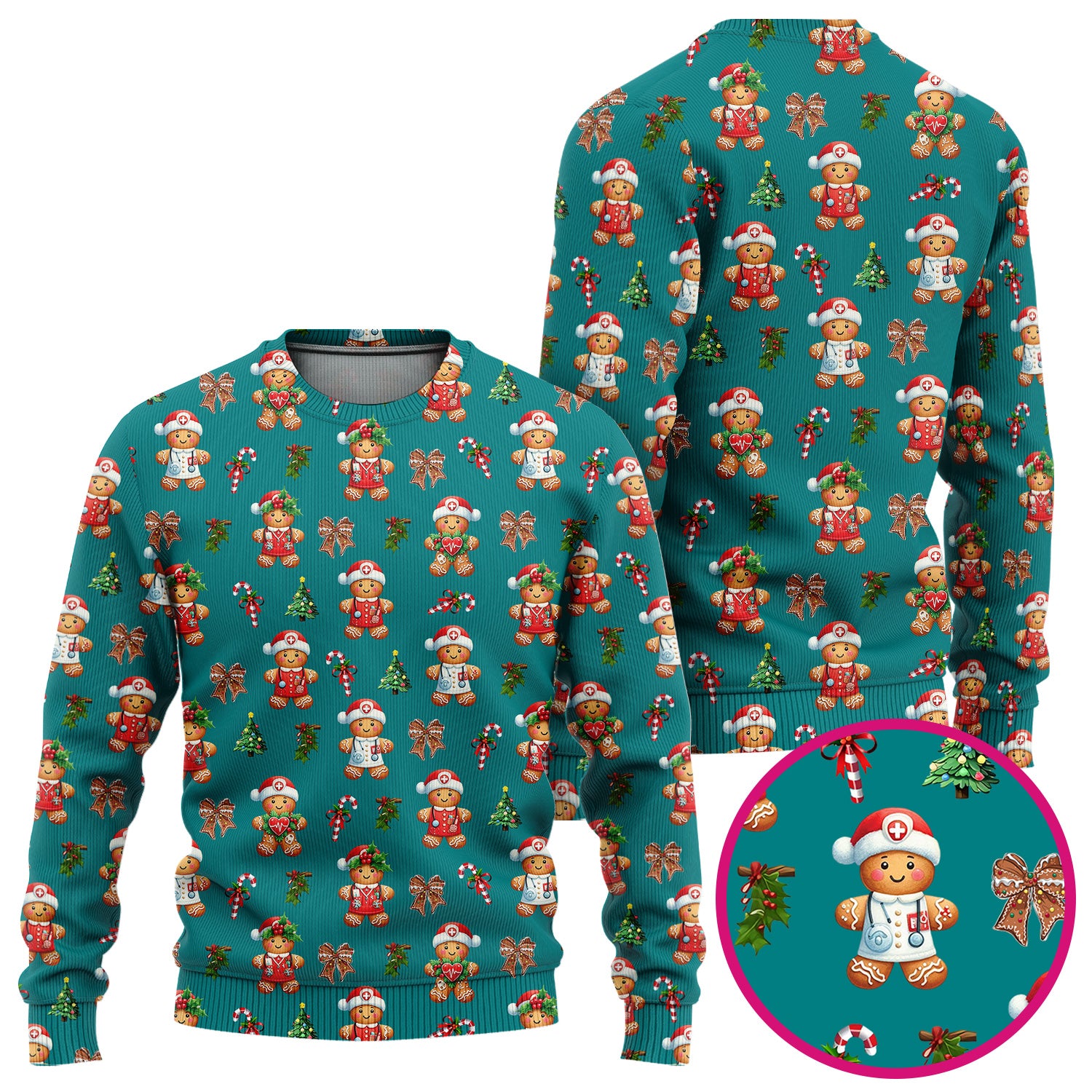 Funny Christmas Scrub Set for Nurse - Adorable Gingerbread Candy Cane Bow- Festive Medical Uniform for Women