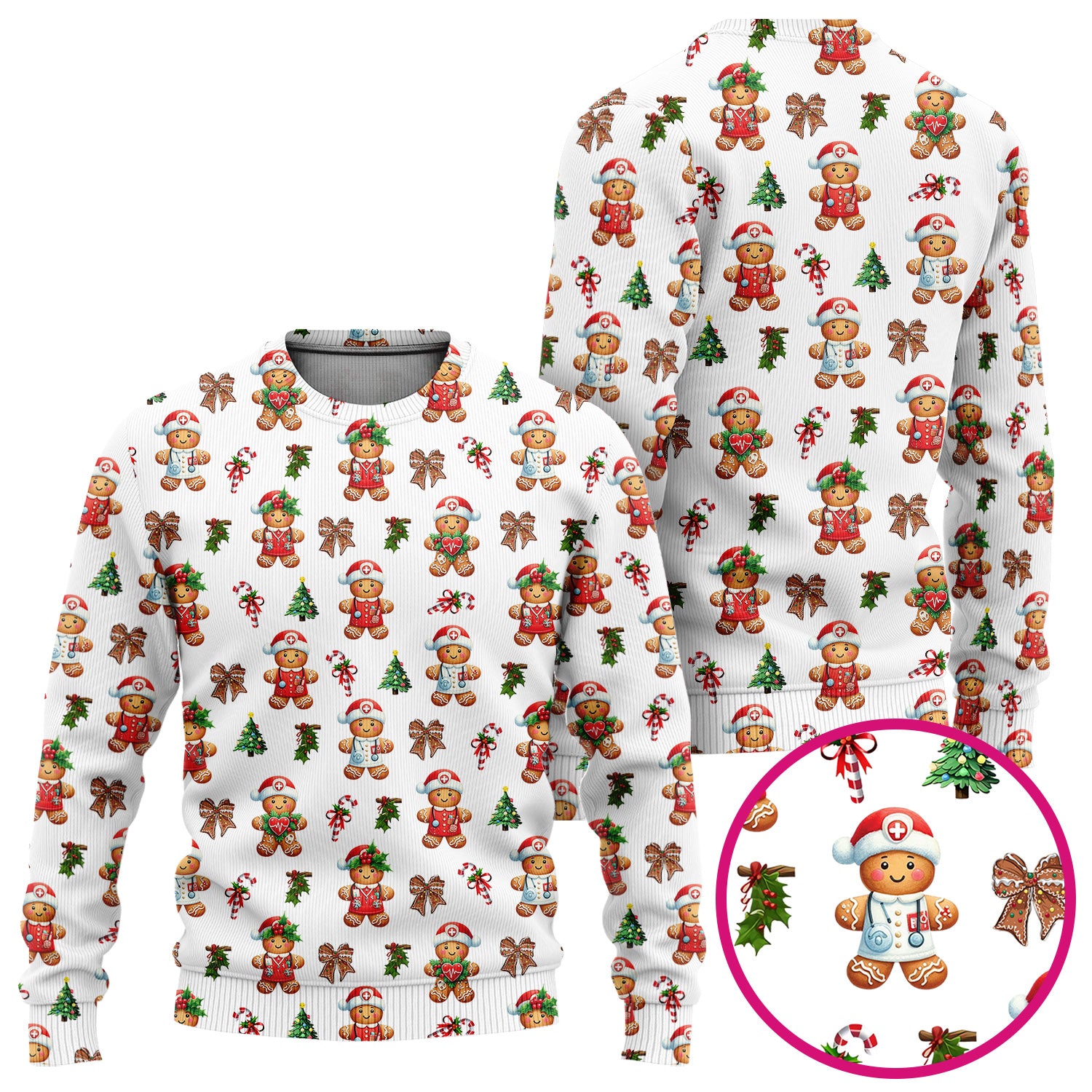 Funny Christmas Scrub Set for Nurse - Adorable Gingerbread Candy Cane Bow- Festive Medical Uniform for Women