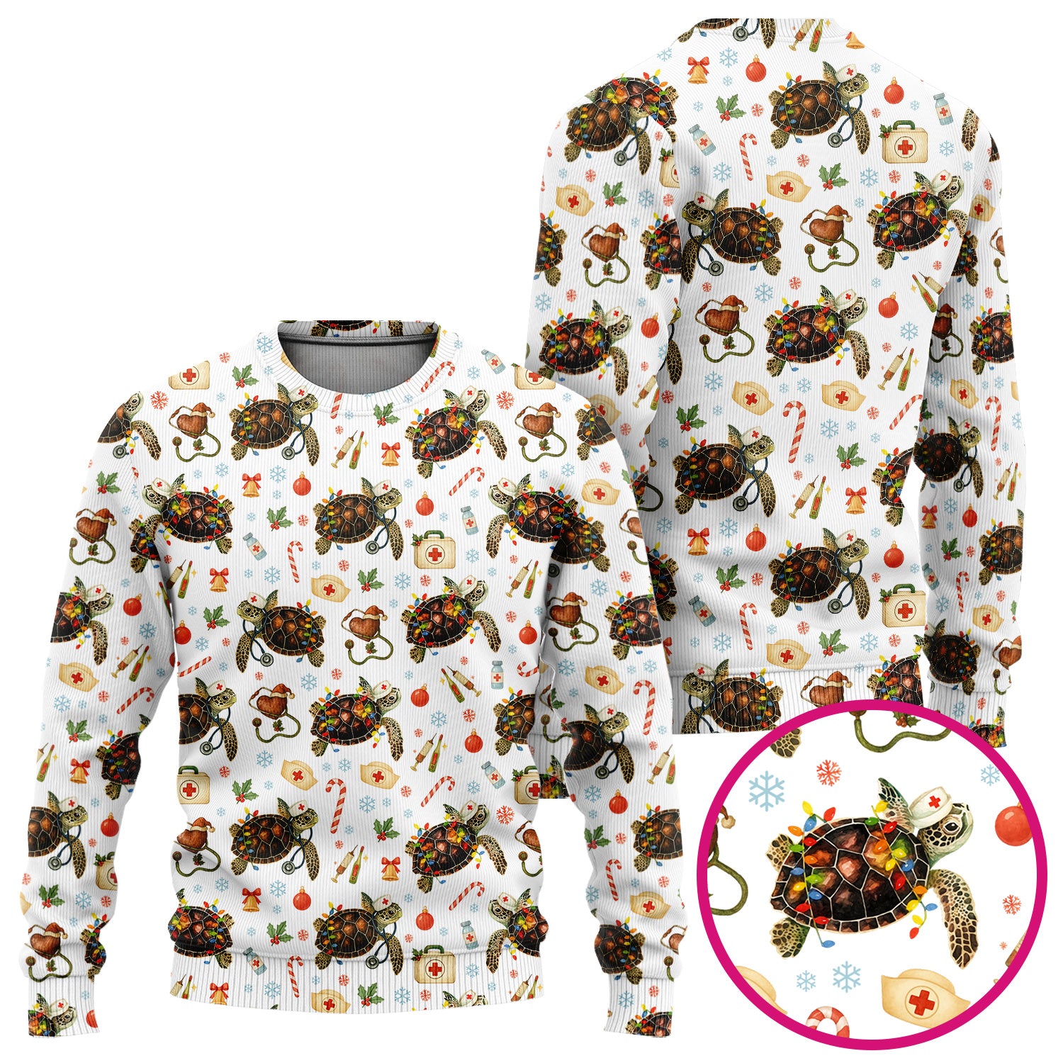 Funny Christmas Scrub Set - Sea Turtle with Xmas Lights Scrubs Pants and V Neck Top - Holiday Nurse Med Uniform for Women