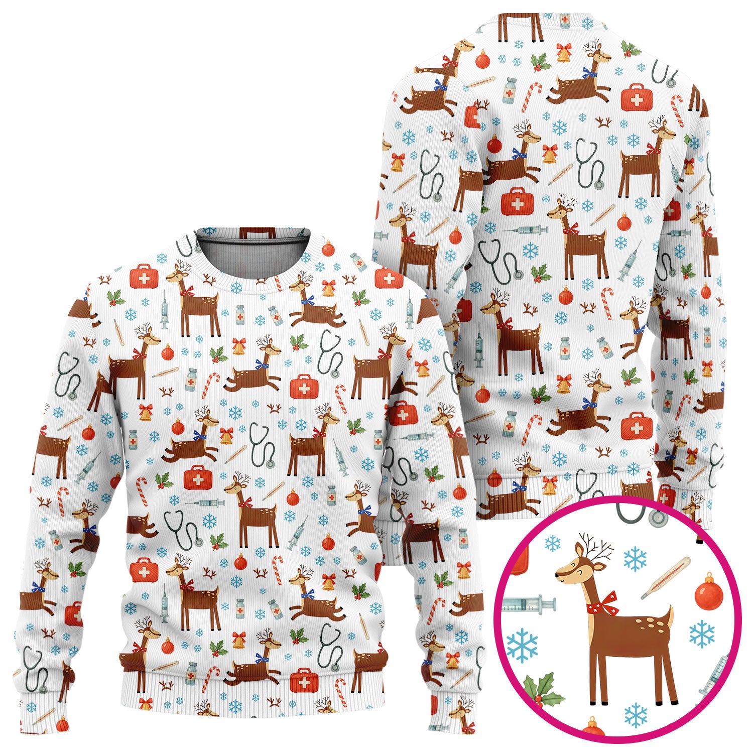 Christmas Reindeer Scrub Set for Nurses - Cute Reindeers Snowflakes Candy Canes - Comfortable Med Uniform