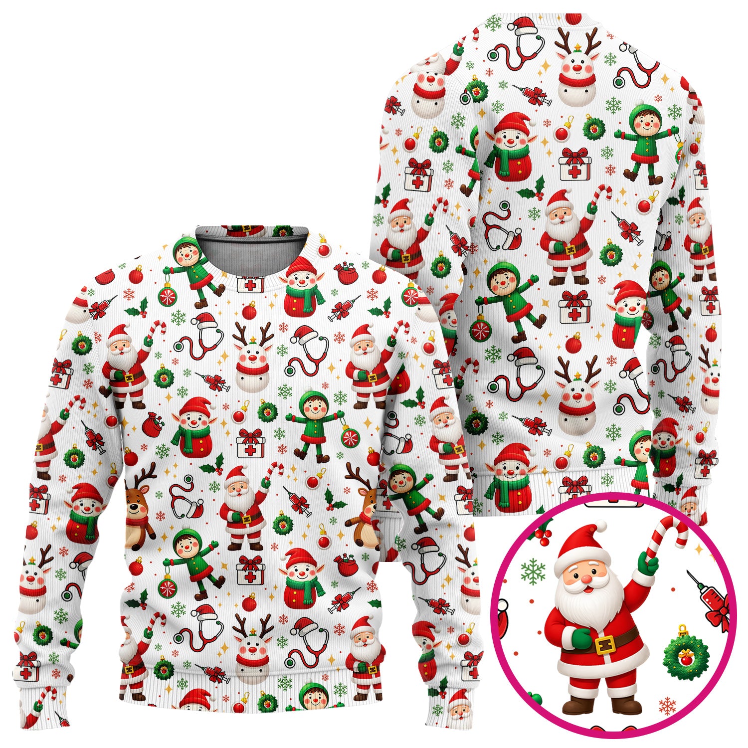 Christmas Comfortable Scrubs for Nurses - Cute Santa Reindeer Scrubs Pants and V Neck Top - Festive Holiday Med Uniform for Women