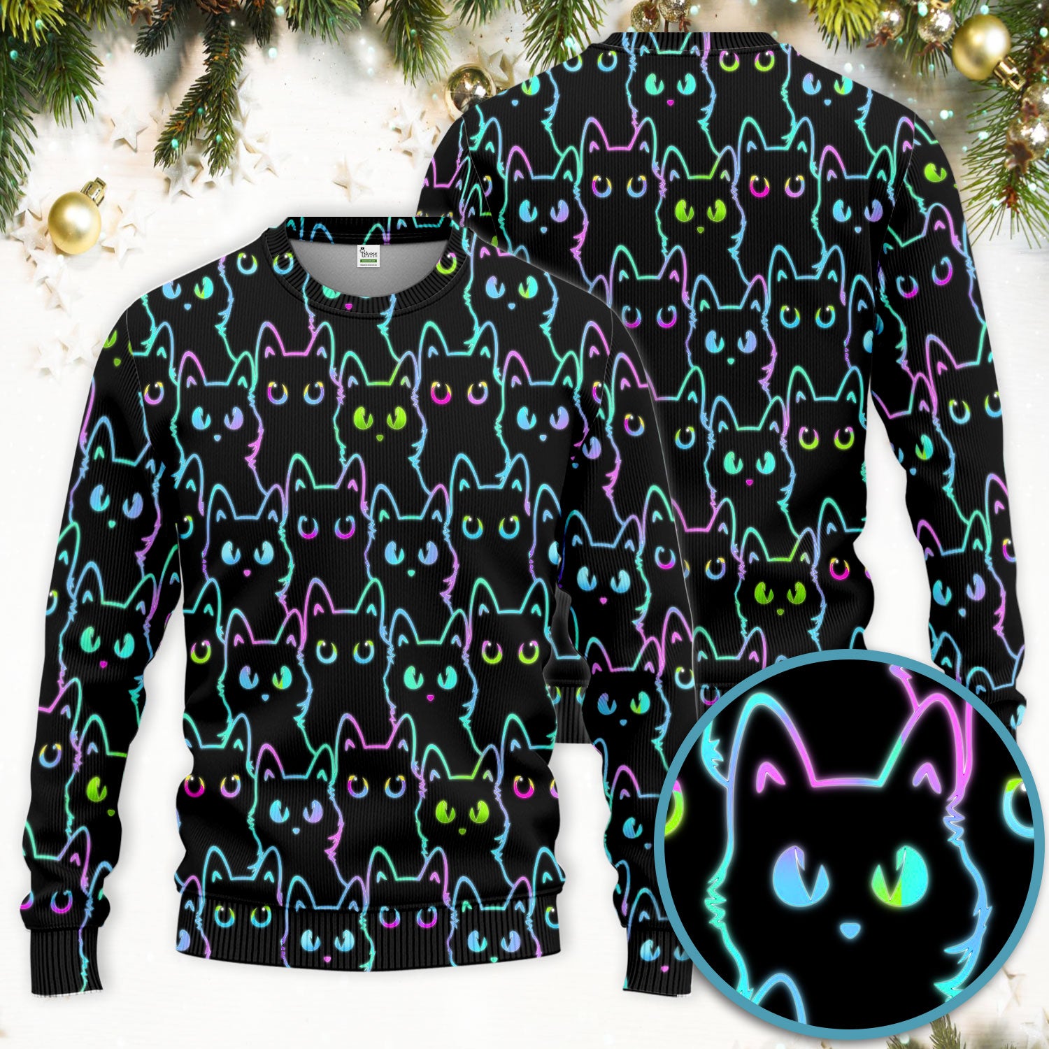 Neon Cat Pattern Scrub Set, Black Cat Scrub Shirt, Breathable Fabrics Nursing Uniform