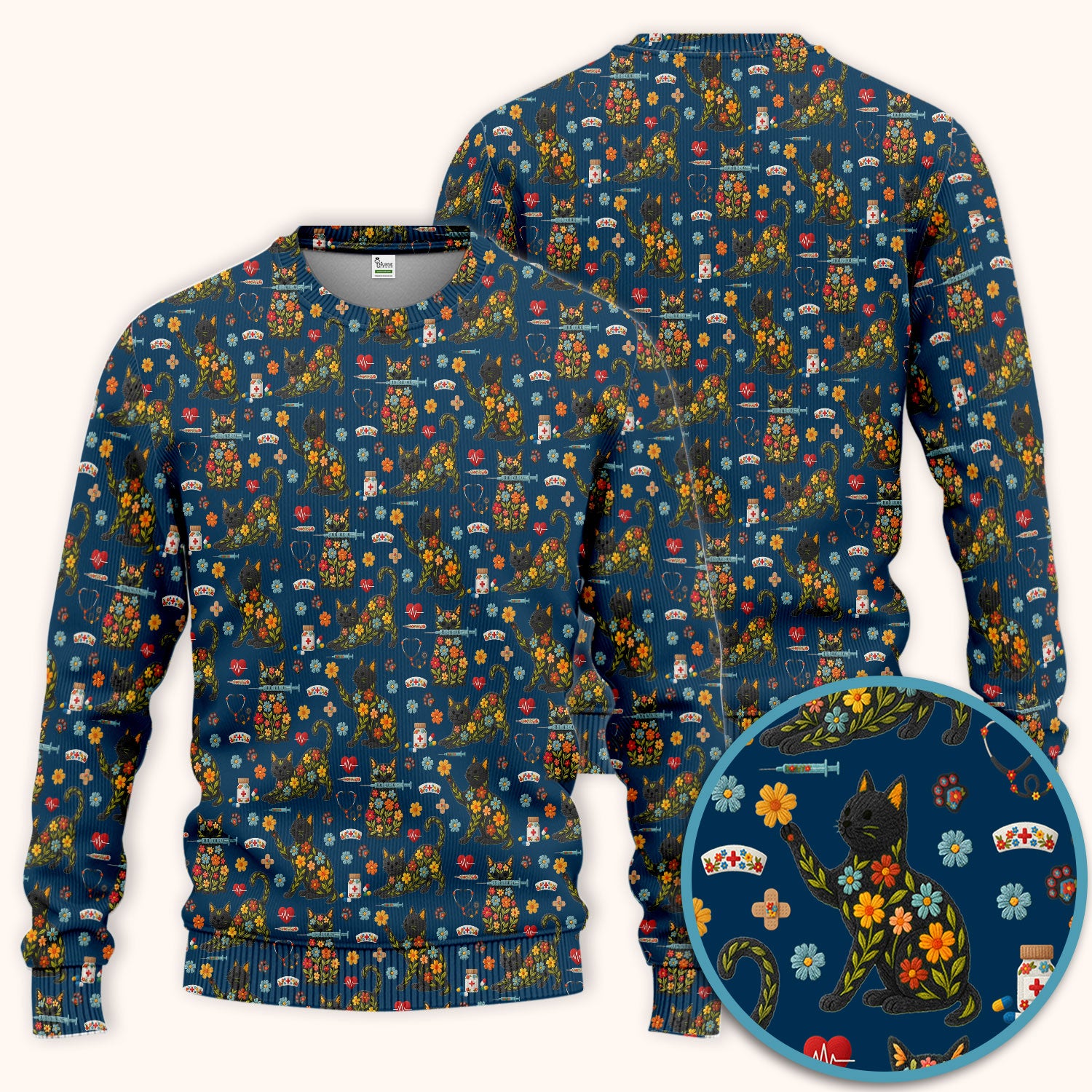 Floral Black Cat Pattern Scrub Set, Cute Cat Nurse Scrub Shirt, Medical Nursing Uniform